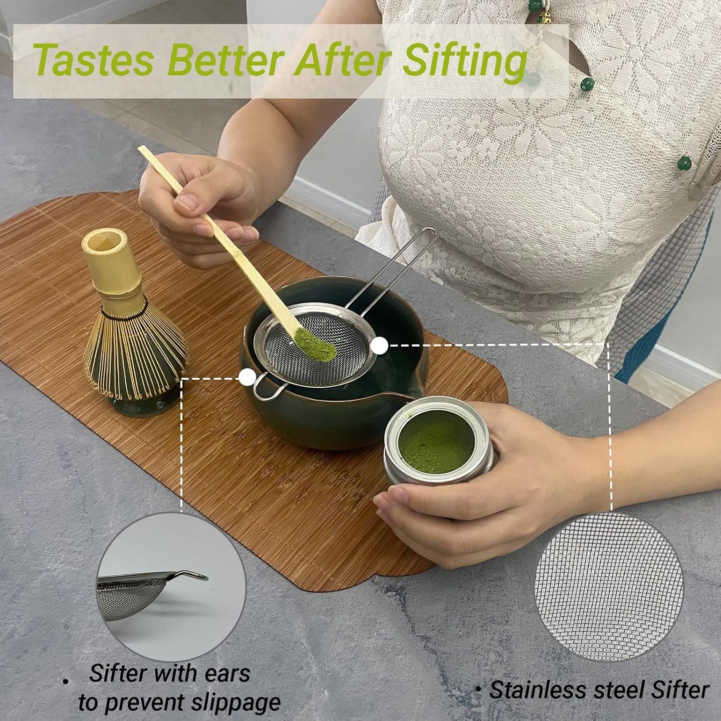 Matcha Whisk Set – 5 Pcs Matcha Set Whisk and Bowl with Spout, Bamboo Scoop, Sifter & Holder – Ru Kiln Matcha Bowl Japanese Tea Kit for Gifts, Home Use & Ceremonial Rituals (green)