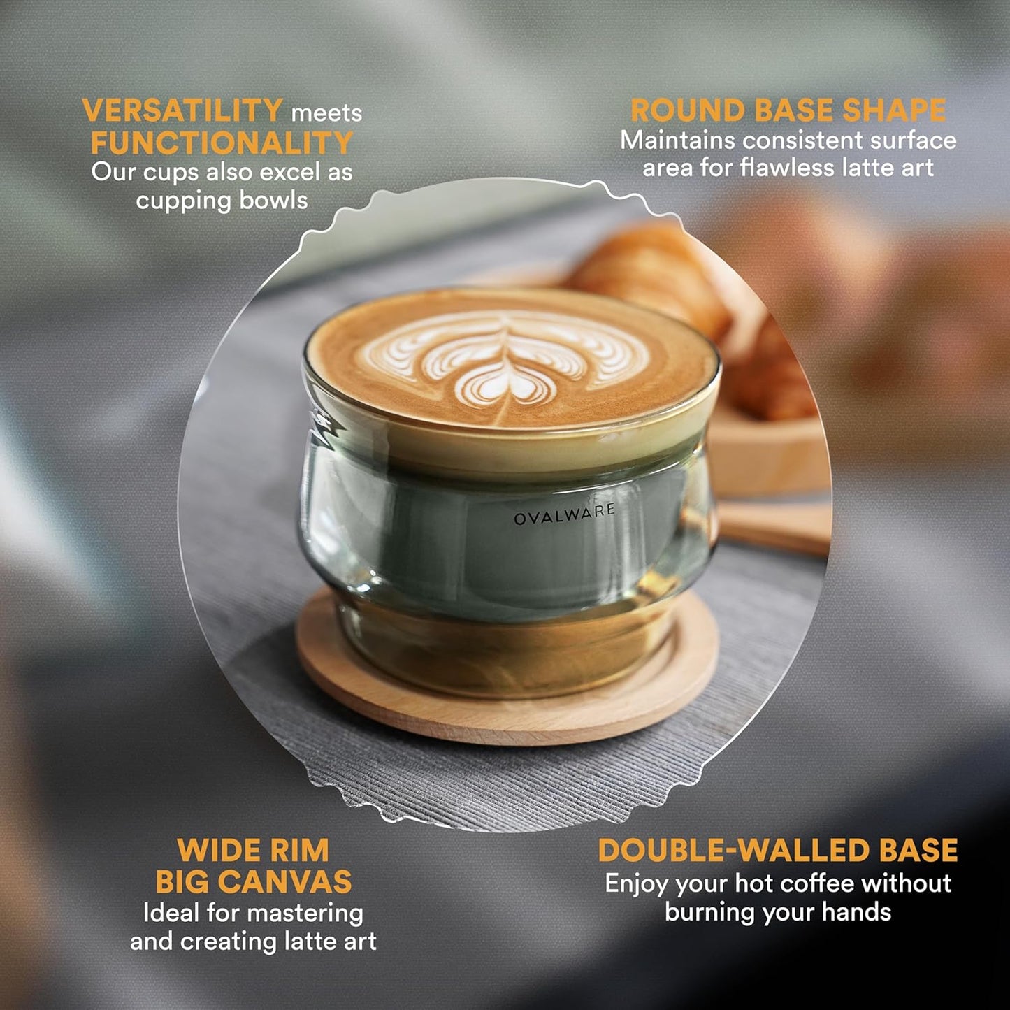 ovalware 8.5oz Double Wall Latte Cups, Latte Set of 2 - Latte Glasses for Cold & Hot Drink, Palm-Sized Cups with Wide Rim for Artistic Designs - Stealth Gray