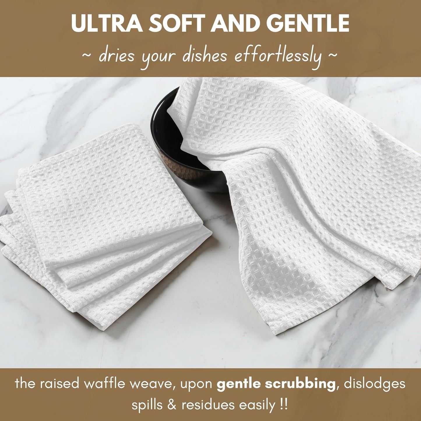 Native Fab 6 Pack Waffle Dish Cloths - 100% Cotton, Absorbent, Quick Drying & Soft Towels for Cleaning, Cooking & Baking - Ideal for Home, Restaurants & Cafes - 12x12 Inches - White