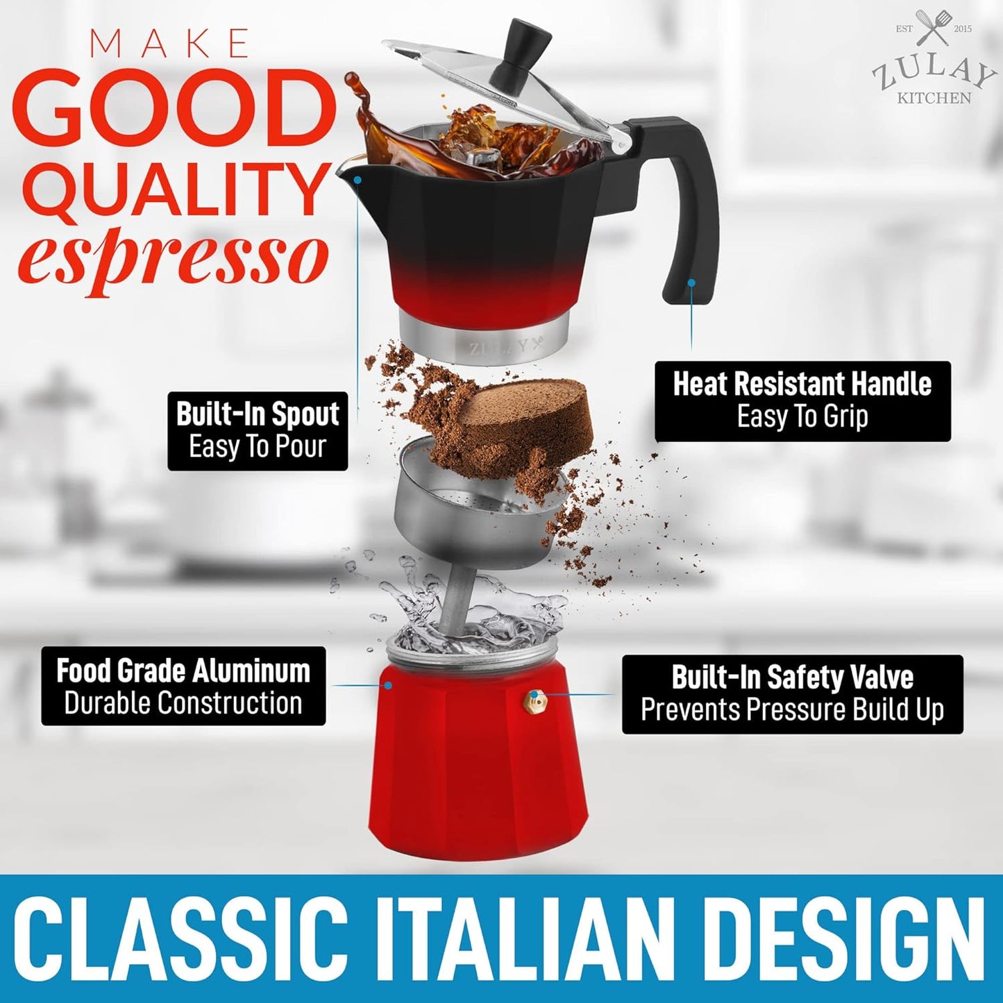Zulay Classic Stovetop Espresso Maker for Great Flavored Strong Espresso, Classic Italian Style 3 Espresso Cup Moka Pot, Makes Delicious Coffee, Easy to Operate & Quick Cleanup Pot (Red/Black)
