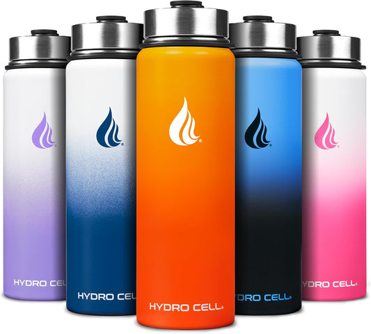 HYDRO CELL Stainless Steel Insulated Water Bottle with Straw - For Cold & Hot Drinks - Metal Vacuum Flask with Screw Cap and Modern Leakproof Sport Thermos for Adults (Red/Orange 24oz)