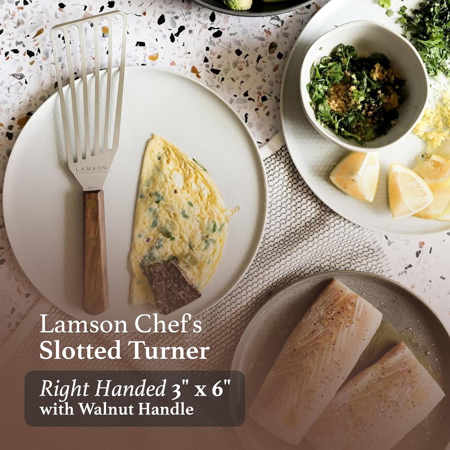 Lamson 3' x 6" Chef's Slotted Turner with Walnut Handle - Right-Hand
