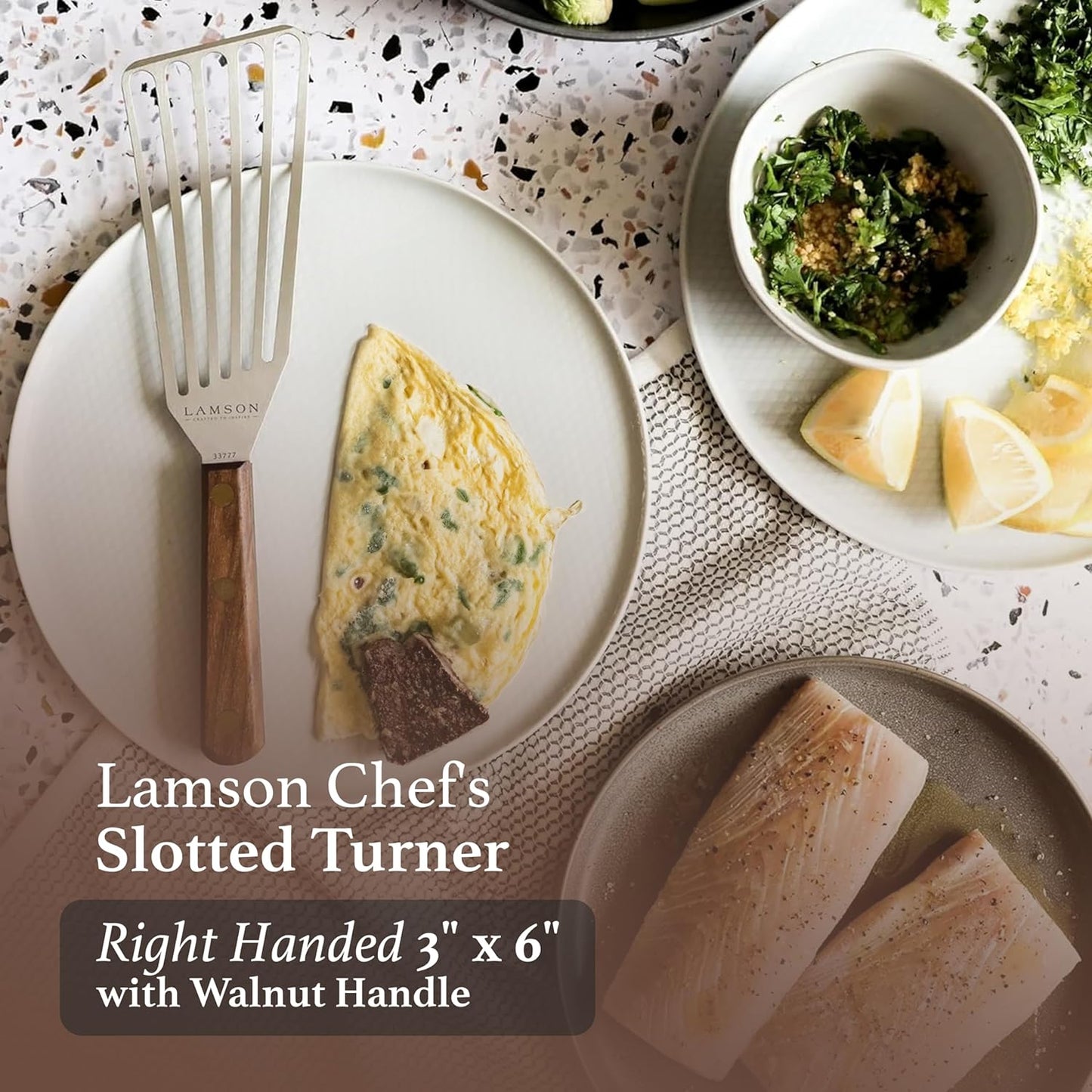 Lamson 3" x 6" Dough (Bench) Scraper and 3' x 6" Chef's Slotted Turner with Walnut Handle - Right-Hand