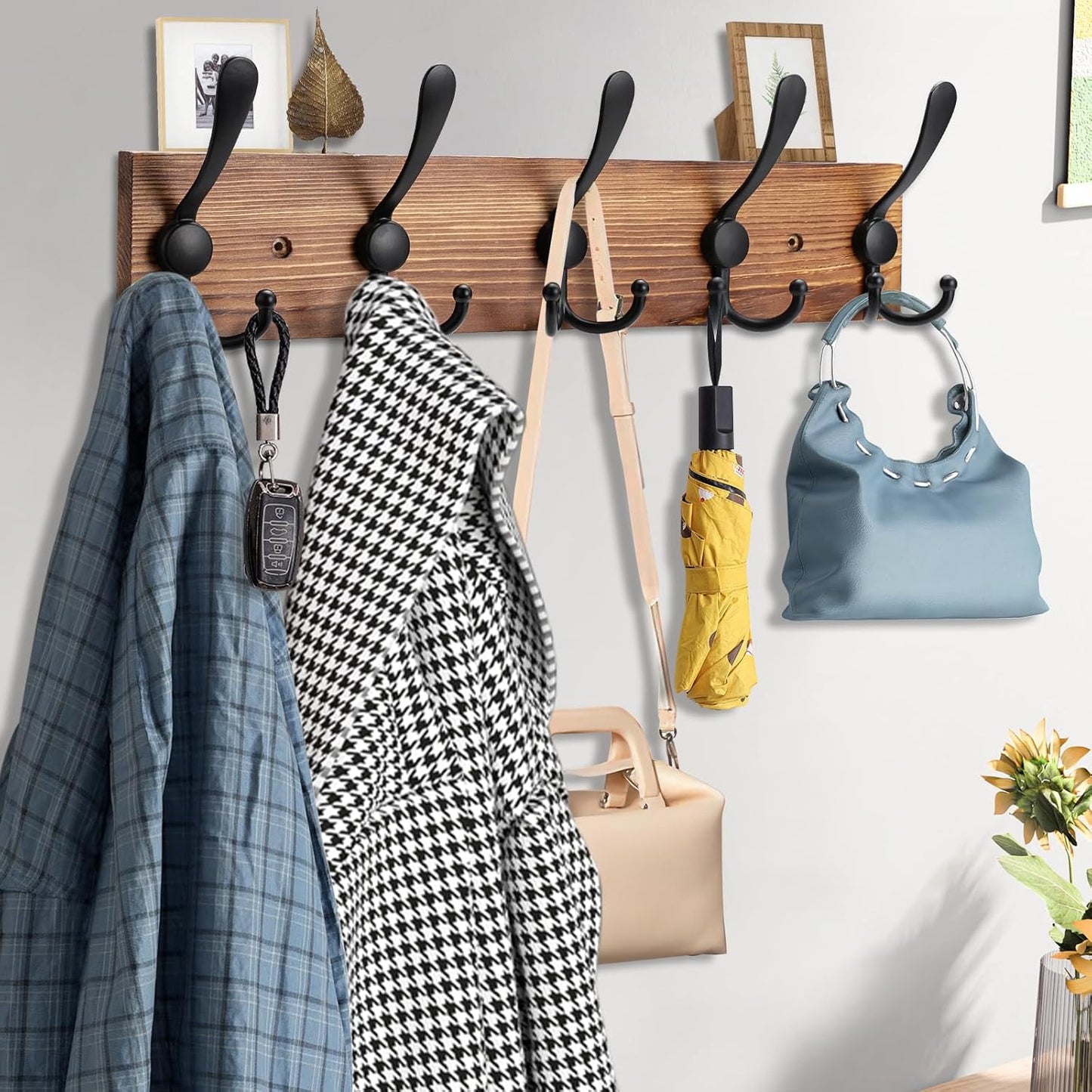 2pcs Coat Rack Wall Mount Wooden Hat Rack for Wall Hooks Pine Real Wood Plank 16.9" Brown Coat Hanger with 5 Triple Hooks for Hanging Coat Hat Jacket