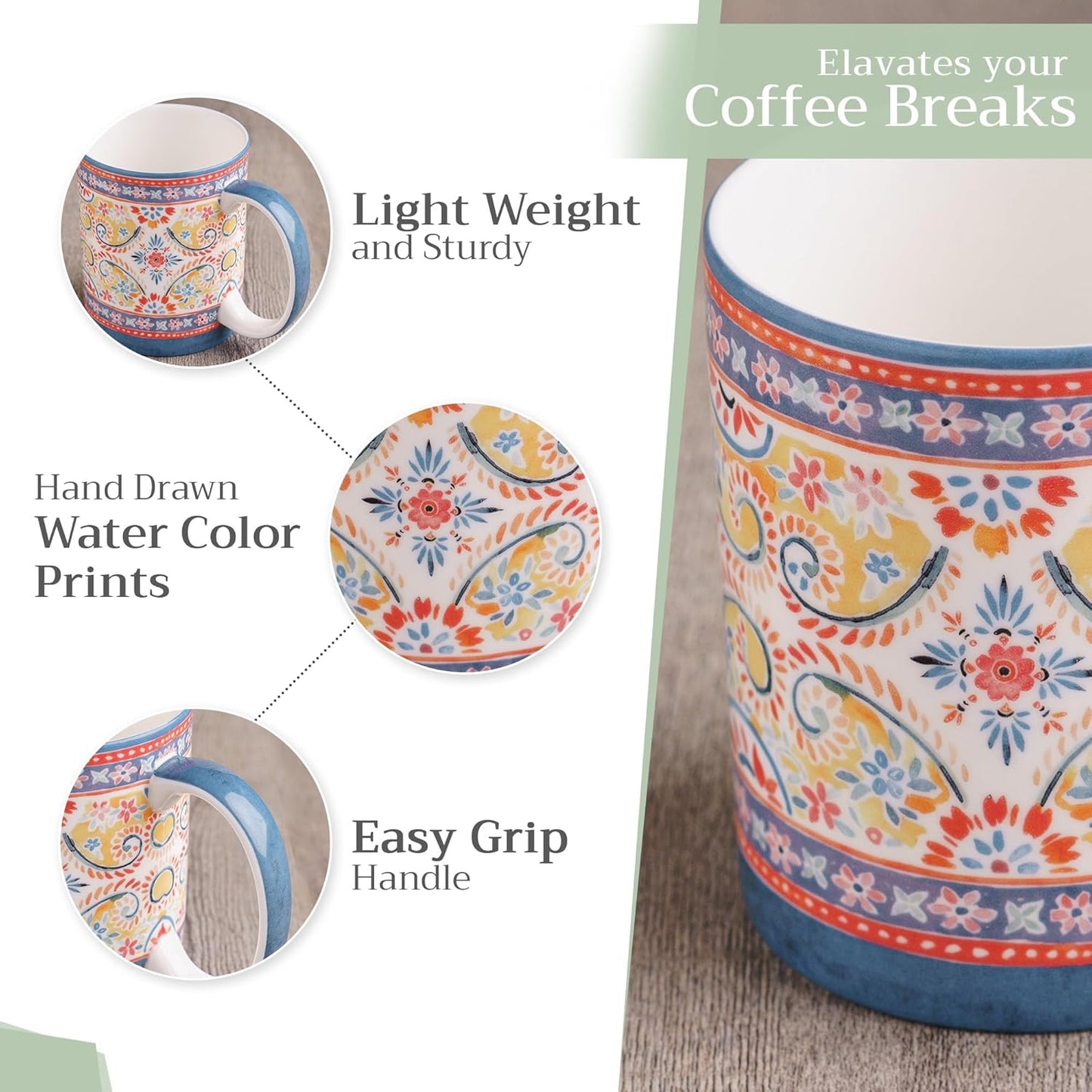 Maison d' Hermine Coffee Mug with Handles Fine Bone China Mugs Pack of One Tea Cups for Hot Beverages Cappuccino Latte Home Restaurant Office Perfect for Gift (Indian Floral - Butta, 12 Ounce)