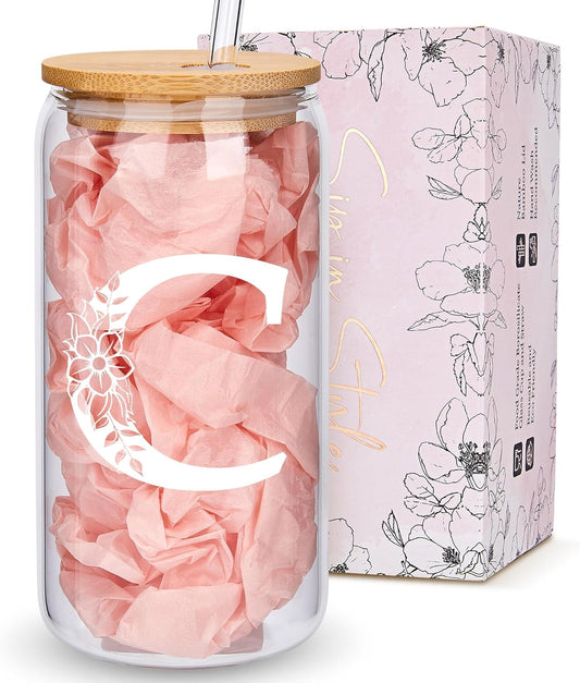 Personalized Gifts for Women, Monogrammed Glass Cups with Lids and Straws, Custom Tumbler, Cute Customized Mug, Aesthetic Stuff, Initial Iced Coffee Cup, Drinking Glasses, Birthday Teacher Gifts, C