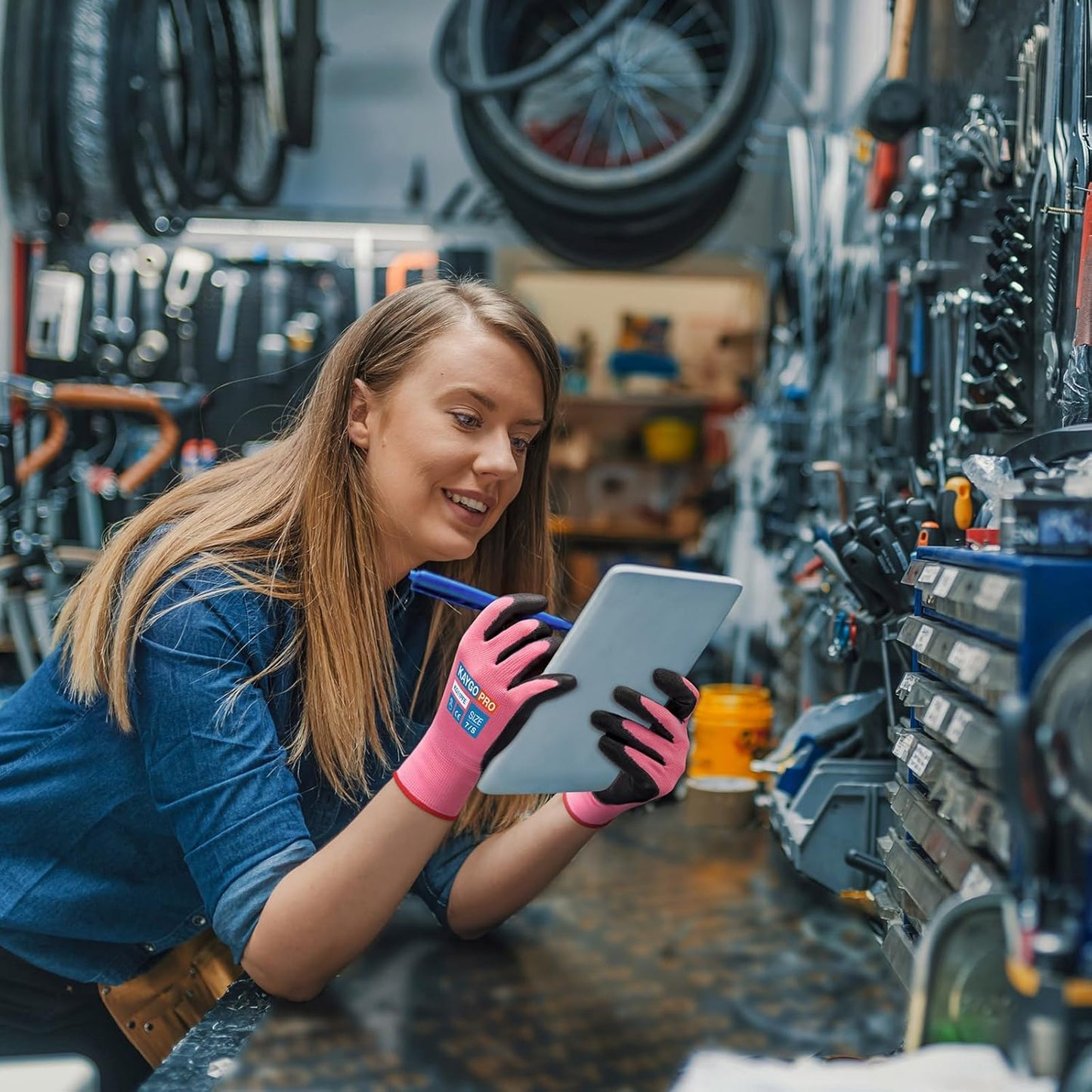 KAYGO Safety Work Gloves PU Coated for Men and Women- KG11PB,12 Pairs,Seamless Knit Glove with Two Fingers Touchscreen,Ideal for General Duty Work (L,Pink)