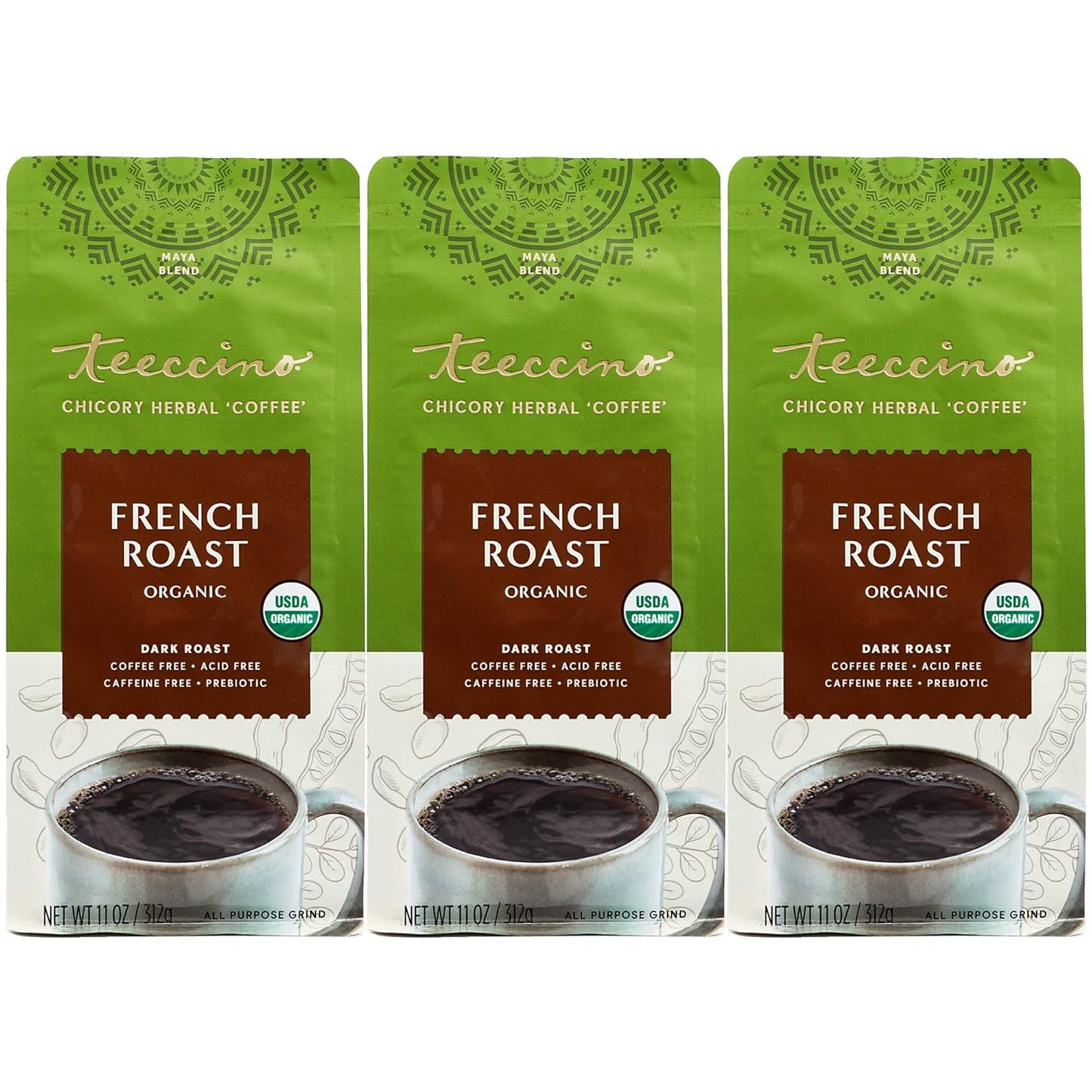 Teeccino French Roast Chicory Coffee Alternative - 11 Ounce - Ground Herbal Coffee That’s Prebiotic, Caffeine-Free & Acid Free, Dark Roast, (Pack of 3)