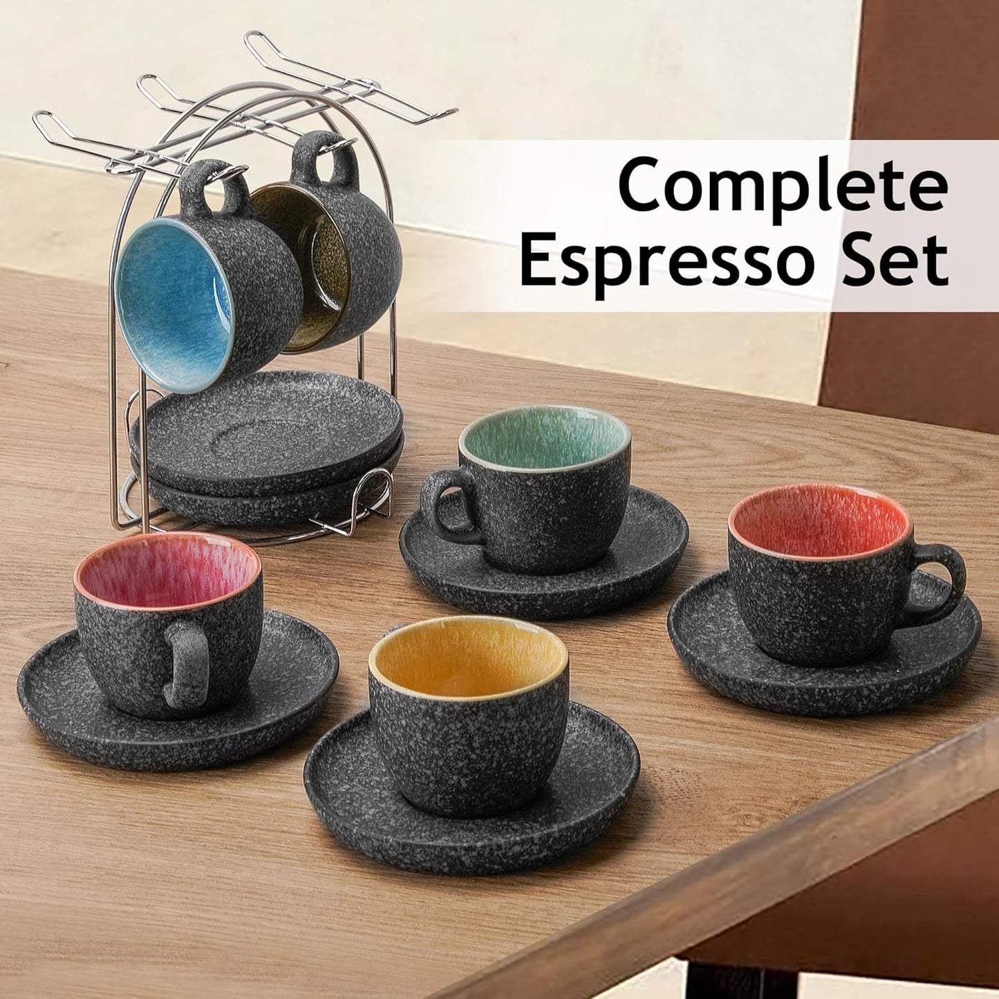 MIAMIO – 2.7 Oz Ceramic Stackable Espresso Cups with Saucers and Metal Stand, Set of 6 Espresso Cup, Demitasse Cups, Coffee Mugs for Espresso, Latte, Café Mocha & Tea – Las Palmitas Collection