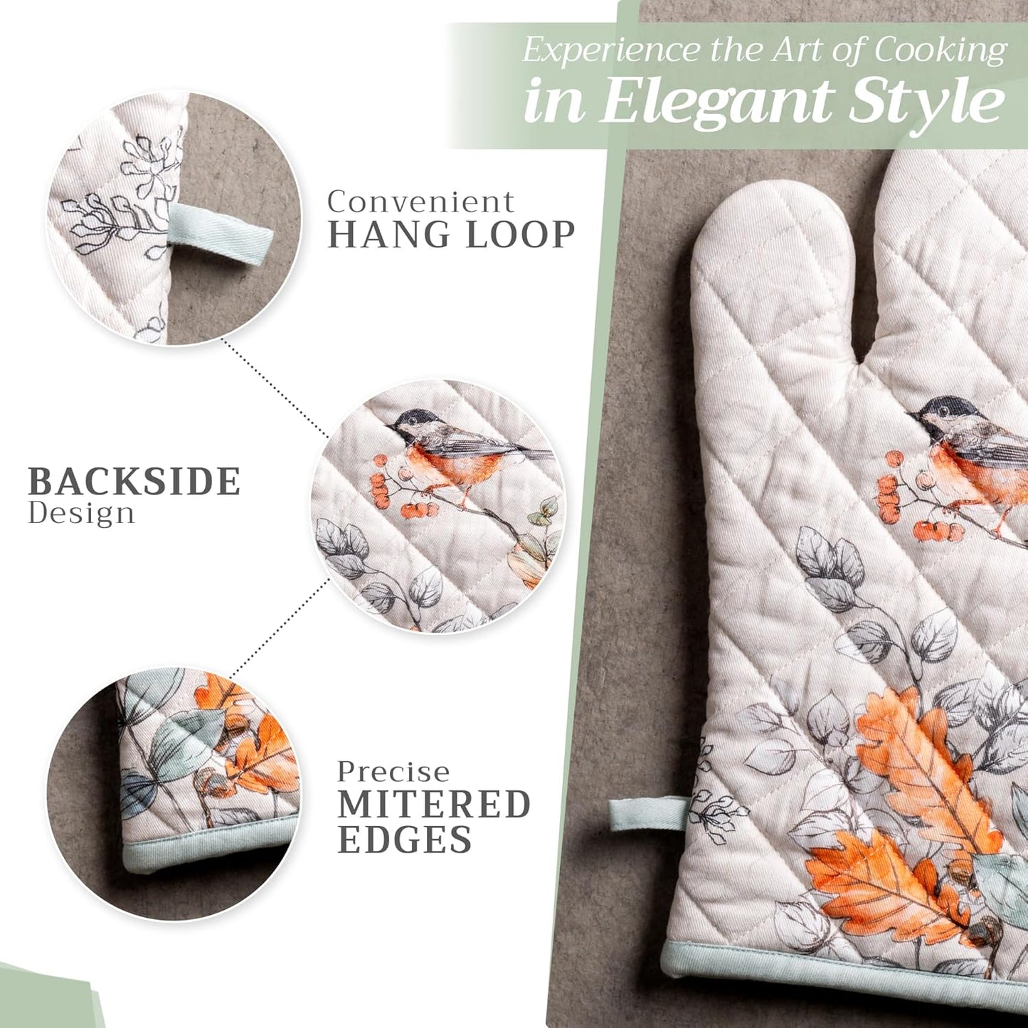 Maison d' Hermine 100% Cotton Oven Mitt & Pot Holder Set (7.5"x13" & 8"x8") Heat Resistant BBQ Cooking Gloves with Loop, Baking, Grilling, Kitchen, Handling Hot Pans (Whitish Shabby Chique)