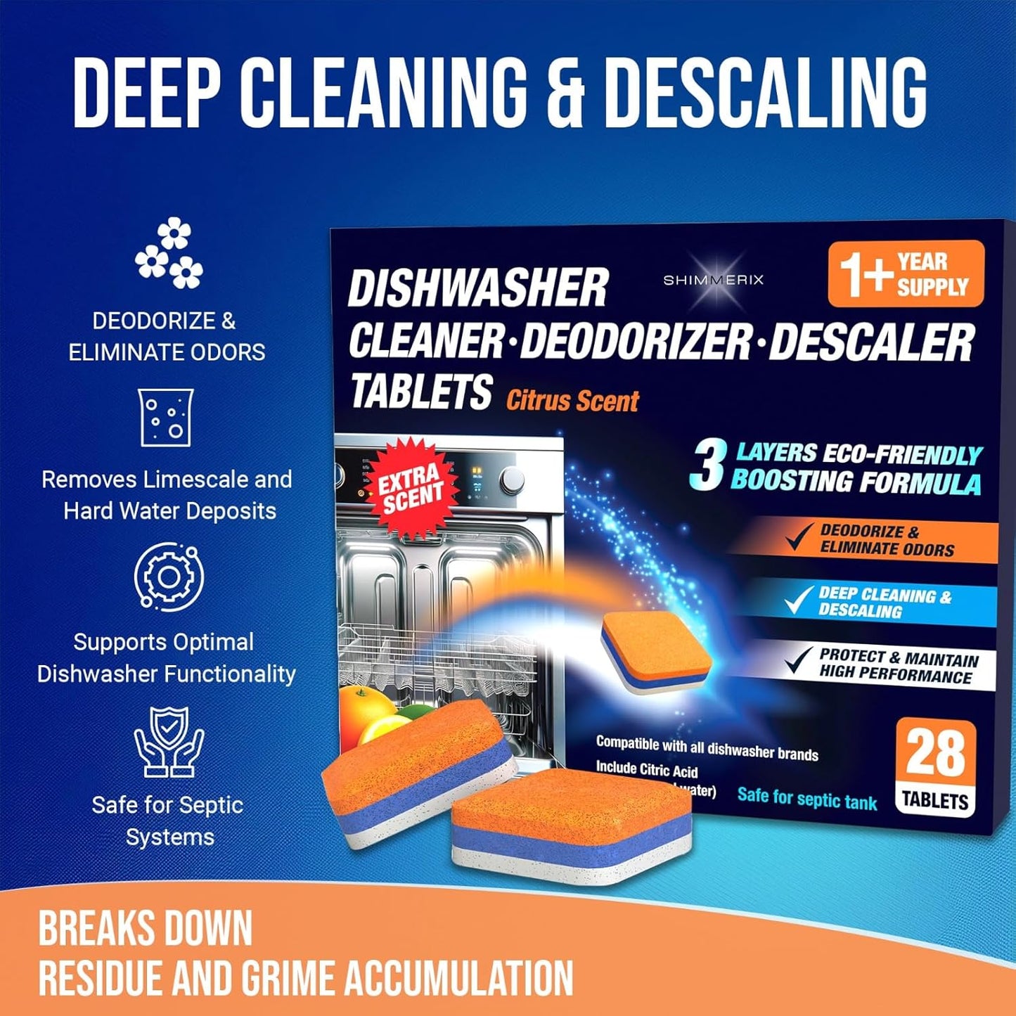 Dishwasher Cleaner Deodorizer Descaler Tablets - 56 Tabs - 1 Plus Year Supply - Extra Scented Deep Cleaning Sanitizer Pods - Remove Hard Water - Contain Citric Acid Heavy Duty Septic Safe - Citrus
