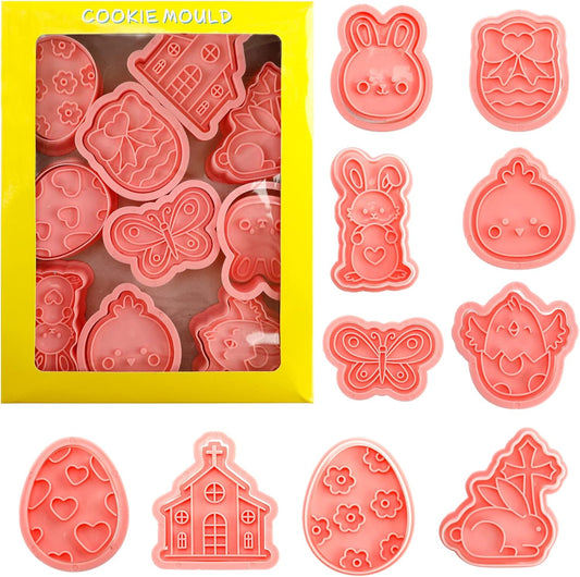 10 Pcs Cookie Cutters Set Cookie Stamps 3D Cookie Stamps for Biscuit Snacks Fondant Cheese Baking Molds for Rabbit Egg Butterfly Church Chick