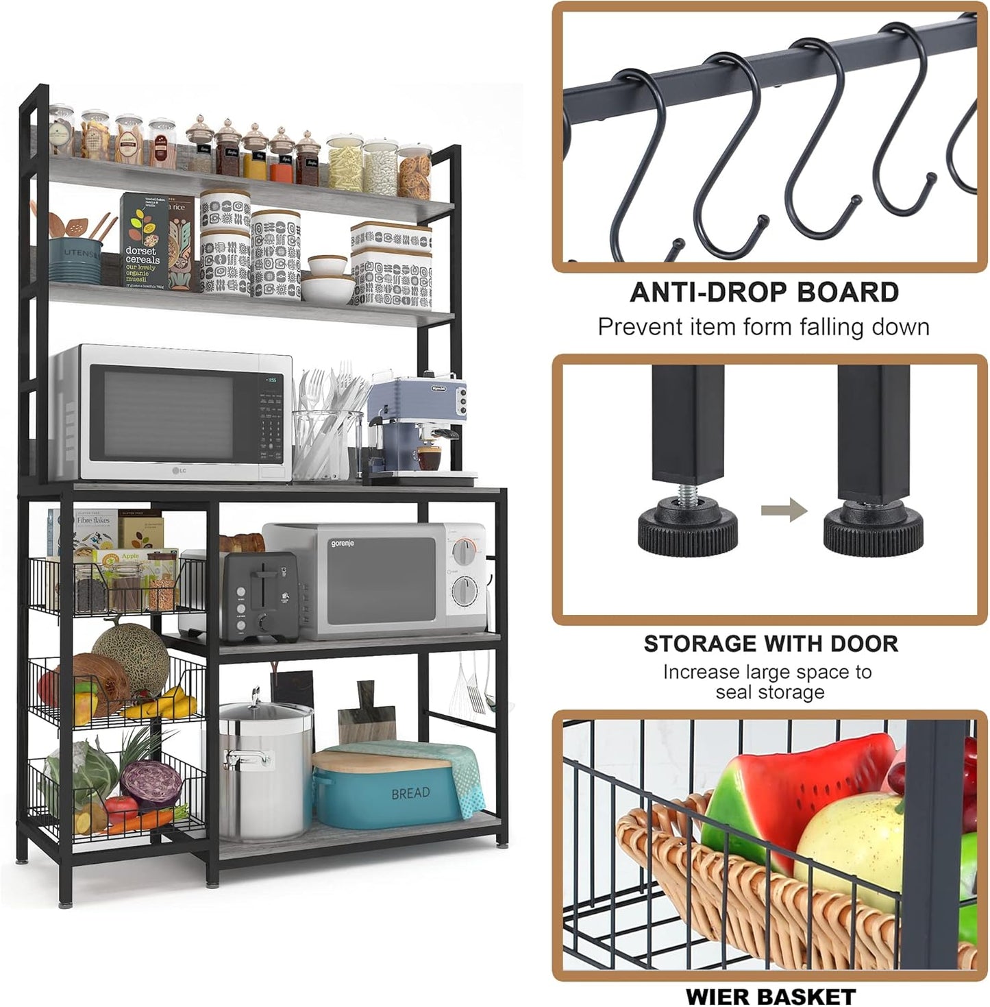 Kitchen Bakers Rack with Baskets,Free Standing Shelf,5-Tier Kitchen Utility Storage Shelf with Hooks, Microwave Oven Stand Rack Grey