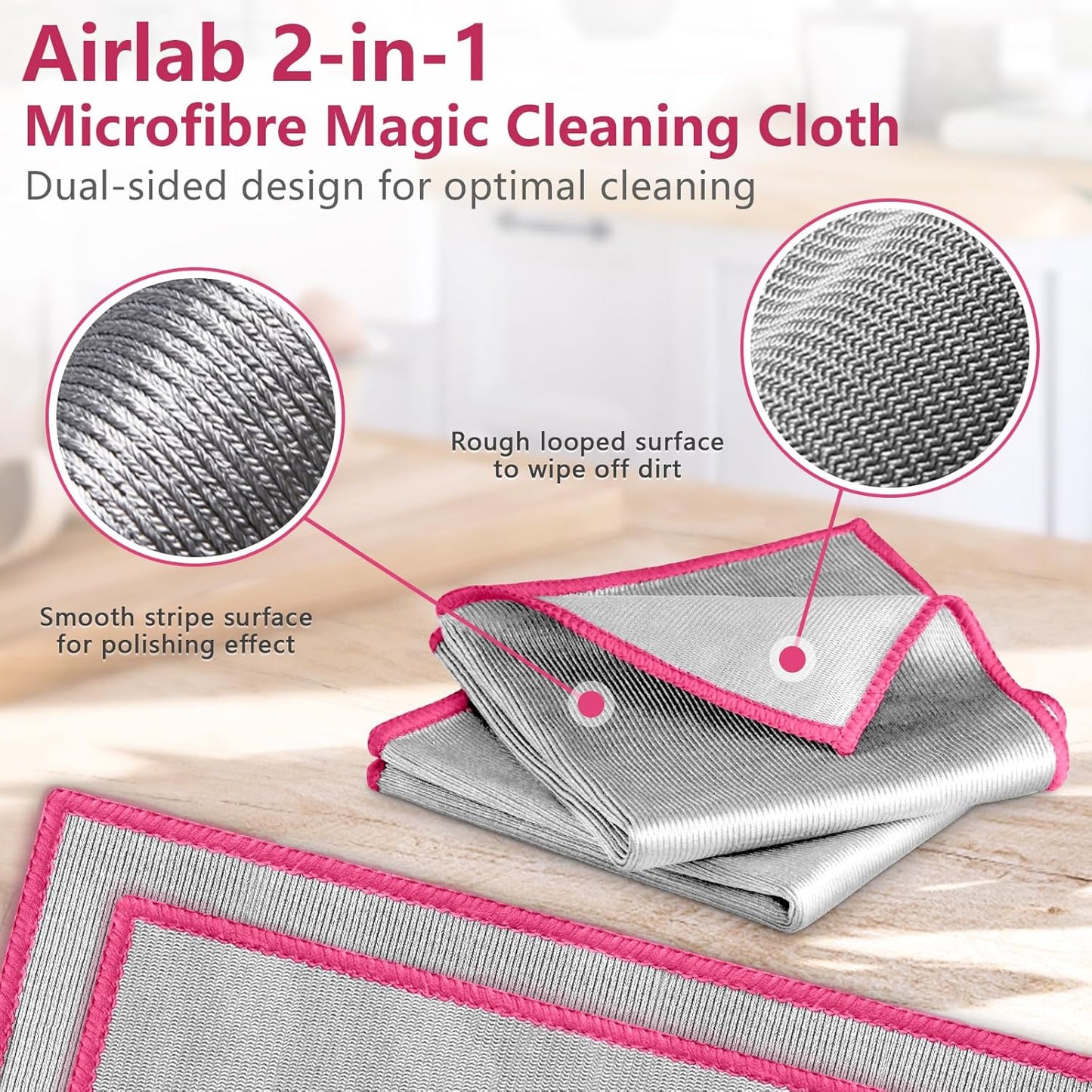 Airlab Glass Polishing Cloth Streak Free Miracle Microfiber Cleaning Cloth Lint Free Cleaning Rags for Glasses Kitchen Dish Mirrors Easy Clean, Pack of 6, 12" x 12", Sliver-Pink