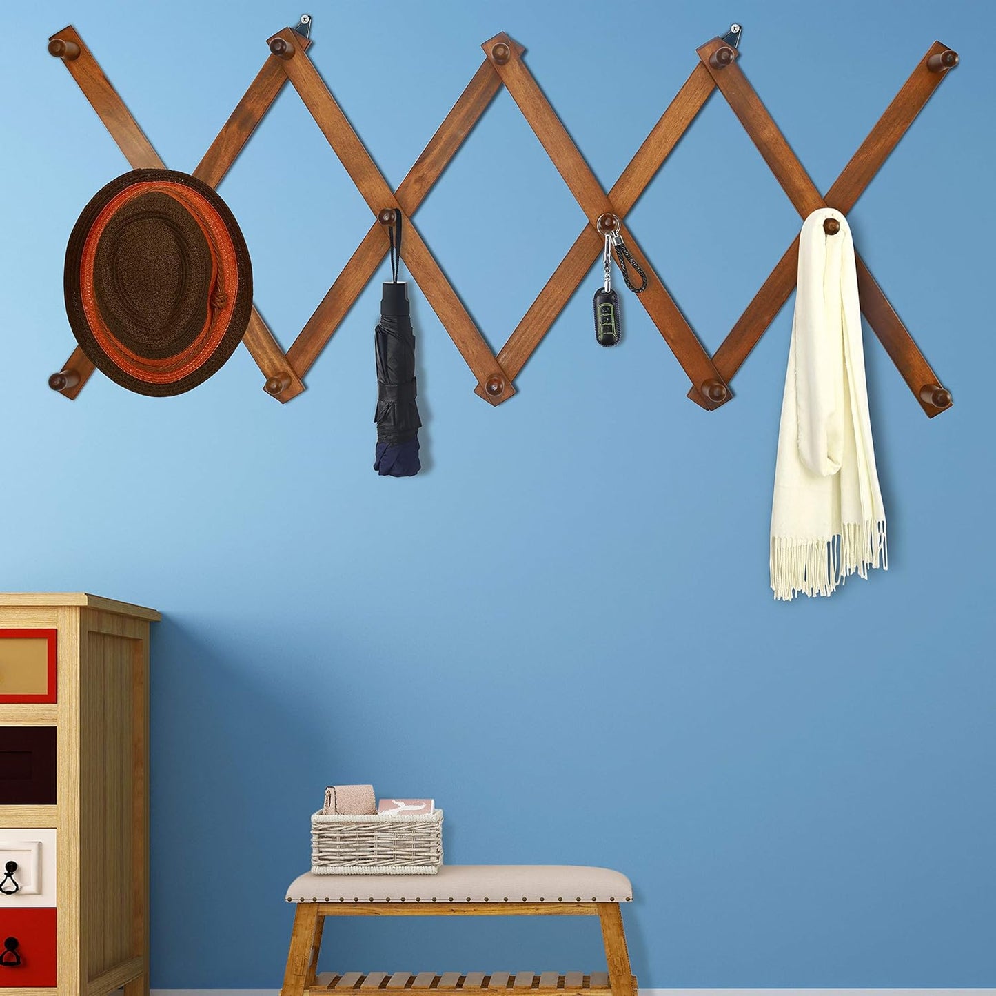 Dseap Accordian Wall Hanger: 16” High Wooden Wall Expandable Coat Rack, Hat Rack Holder, Accordion Hook for Baseball Caps, Coats, Mugs, 14 Peg Hooks, Brown