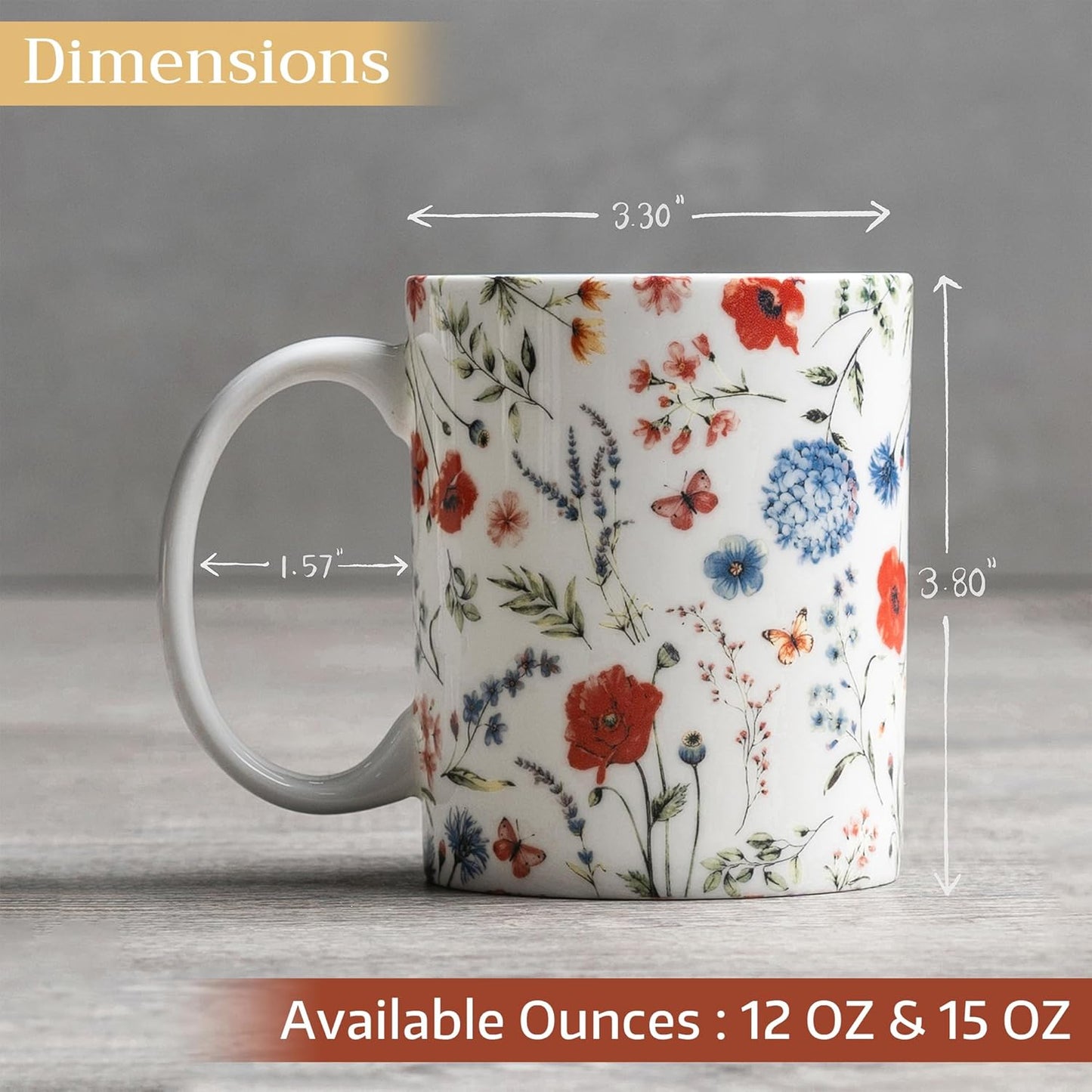 Maison d' Hermine Coffee Mug with Handles Fine Bone China Mugs Pack of One Tea Cups for Hot Beverages Cappuccino Latte Home Restaurant Office Perfect for Gift (Just Floral - Blues 'N Redz, 15 Ounce)