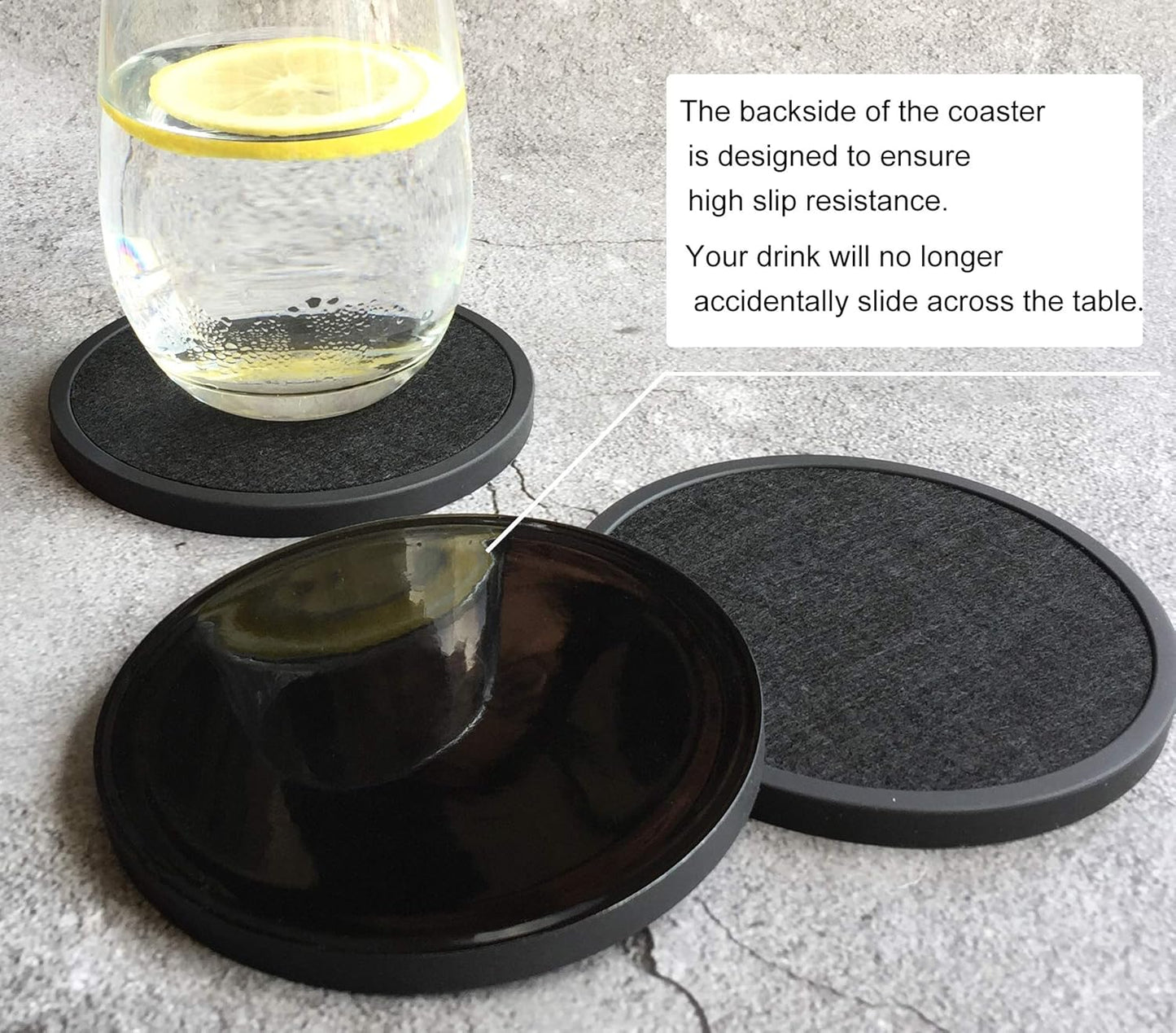Absorbent Coasters for Drinks with Holder - 6packs, Silicone Coaster with Soft Felt Insert, Black (Coasters with Holder, Black)