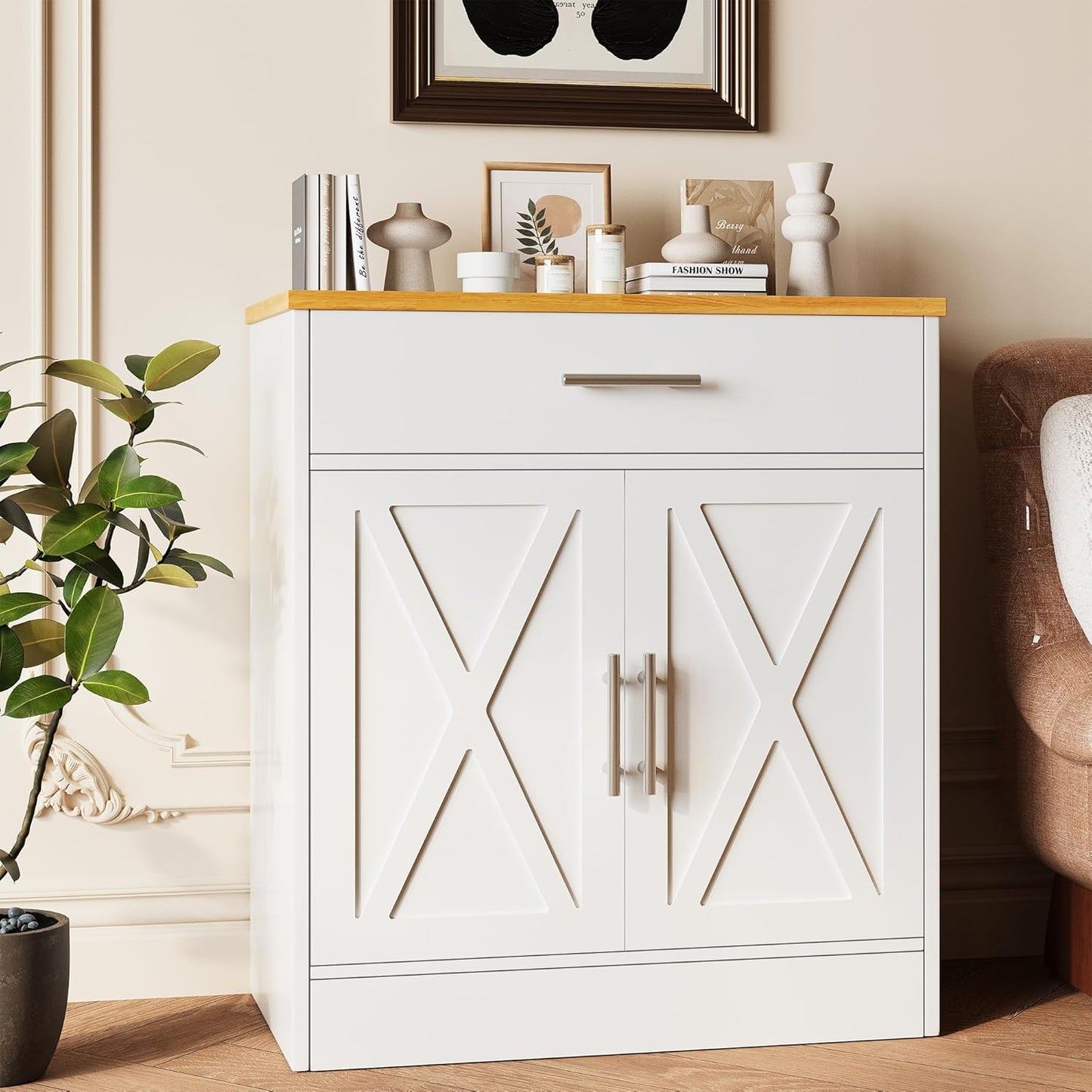 Vongrasig Sideboard Buffet with Storage, Modern Kitchen Storage Cabinet with 1 Drawer and 2 Doors, Wood Coffee Bar Buffet Table for Kitchen, Dining Room, White