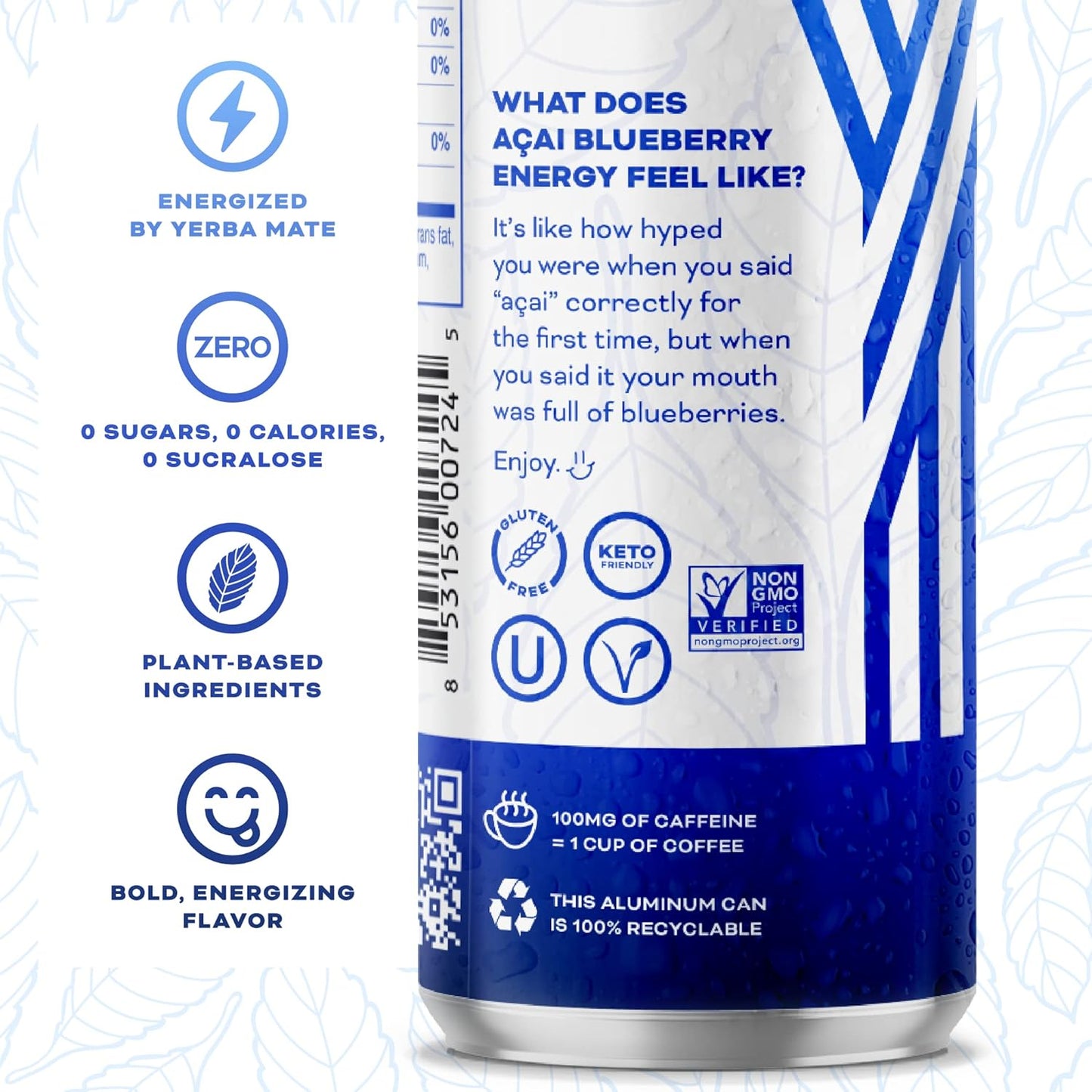 Yerbaé Energy Seltzer - Acai Blueberry, No Sugar/Calories/Carbs. Energized by Yerba Mate, Naturally Caffeinated, Plant-Based, Healthy Alternative to Coffee Sugary Sodas, Pack of 12, 12oz cans