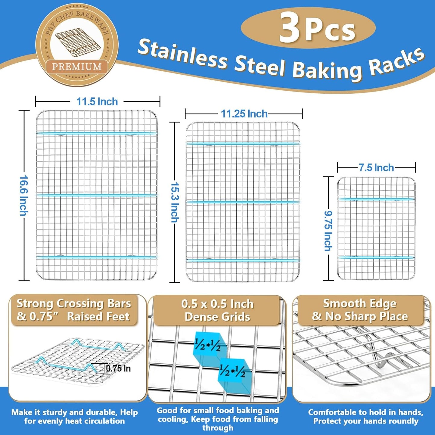 P&P CHEF 17.5 + 16 + 10.4 Inch Baking Sheet and Rack Set, Stainless Steel Cookie Sheets Oven Baking Pans Trays with Cooling Racks for Cooking & Roasting, Oven & Dishwasher Safe, (6Pcs)