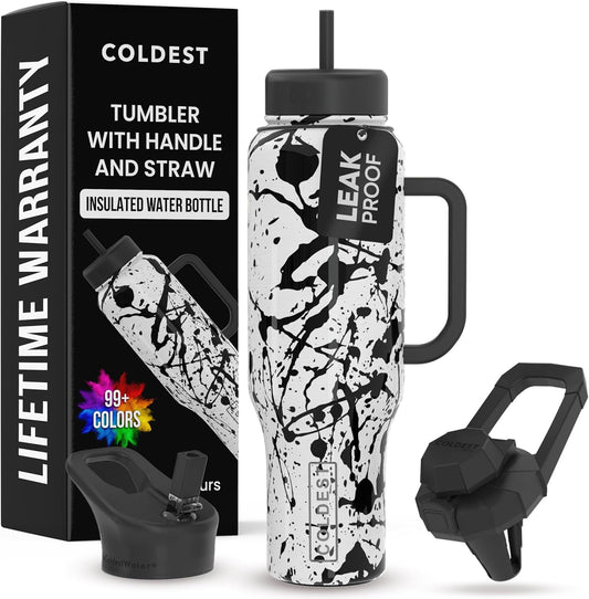 Coldest 40 oz Tumbler with Handle and Straw - 100% Leak Proof Insulated Tumbler with Lid and Straw (3 Lids) - Stainless Steel Tumblers for Women & Men - Cup Holder Friendly Base, 46 oz (Dark Matter)