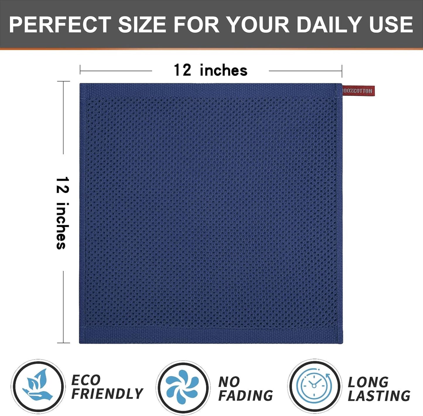 Kitinjoy 100% Cotton Kitchen Dish Cloths, 8 Pack Waffle Weave Ultra Soft Absorbent Dish Towels for Drying Dishes Quick Drying Kitchen Towels Dish Rags, 12 X 12Inch, Navy Blue