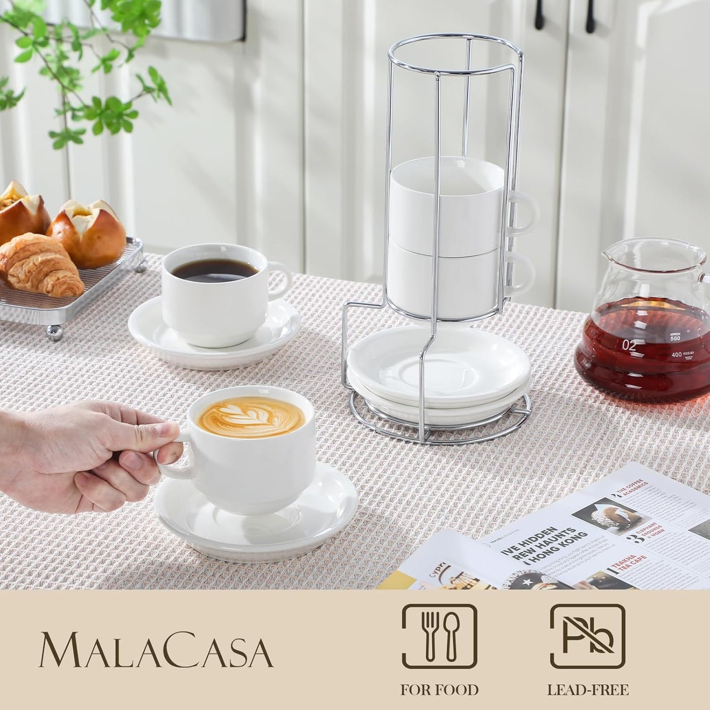 MALACASA 8 OZ Porcelain Espresso Cups with Saucers and Metal Stand Set of 4, Stackable Cappuccino Cups, White Expresso Shots Cup Set for Coffee Drinks, Latte, Tea