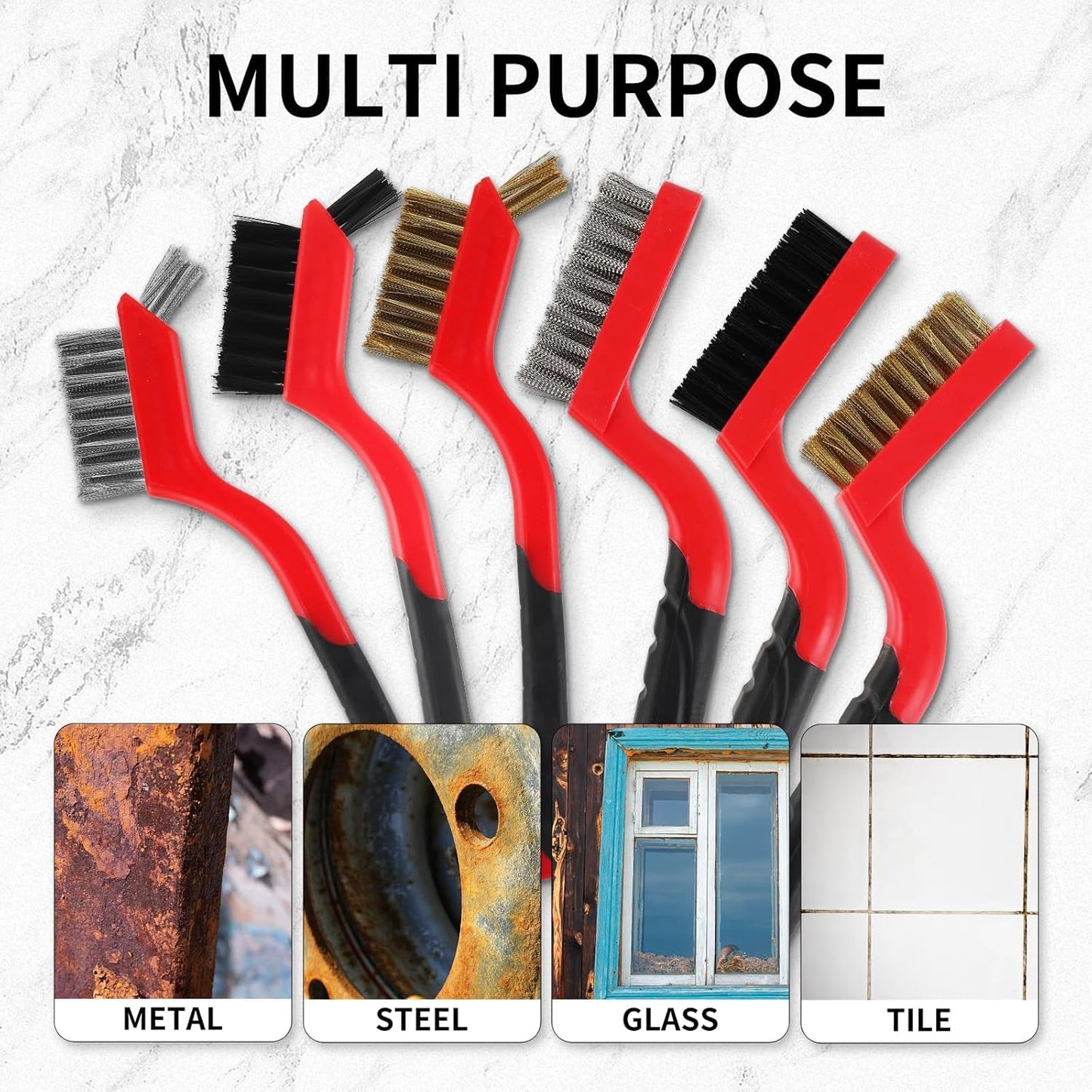 A A IN Wire Brush Set,6 Pcs Brass/Stainless Steel/Nylon Wire Brushes for Cleaning with Curved Handle Grip for Rust Removal, Dirt, Paint Scrubbing,7 Inches (Red)