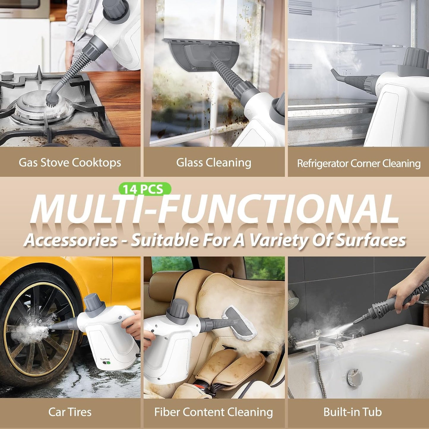 Steam Cleaner, 15.2OZ Hands-free Steamer for Cleaning with 14PCS Accessories & Safety Lock, Chemical-Free Pressurized Handheld Steam Cleaner for Home, Car, Furniture, Grease, Grout, Floor