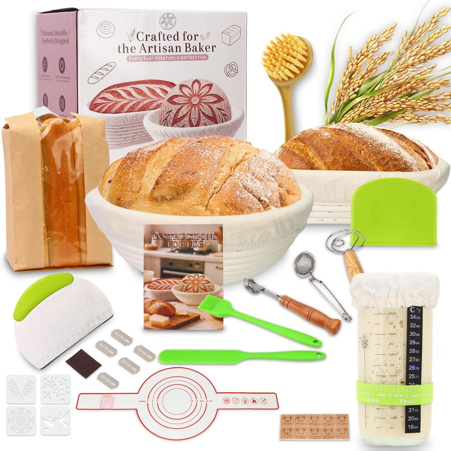 Sourdough Starter Kit,9 Inch Round & 10 Inch Oval Banneton Bread Proofing Basket with Dough Whisk Bread Lame Dough Scraper Bowl Scraper Silicone Brush Sourdough Bread Baking Supplies