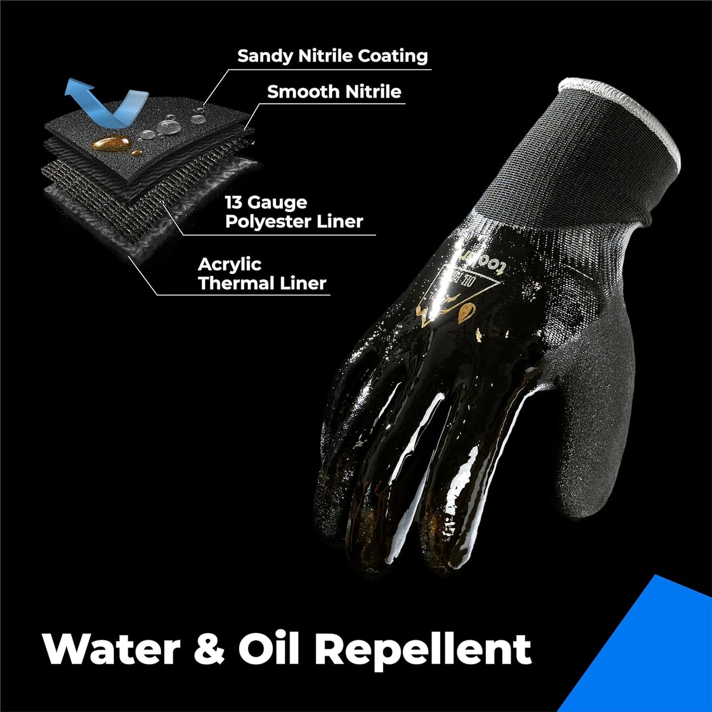 Waterproof Gloves Bulk Pack for Men and Women, 3 Pairs, Freezer Gloves with Grip, Double Nitrile Dipped for Extreme Oil Repellent, for Construction, Mechanics, Mining, Plumbing, Black, Large