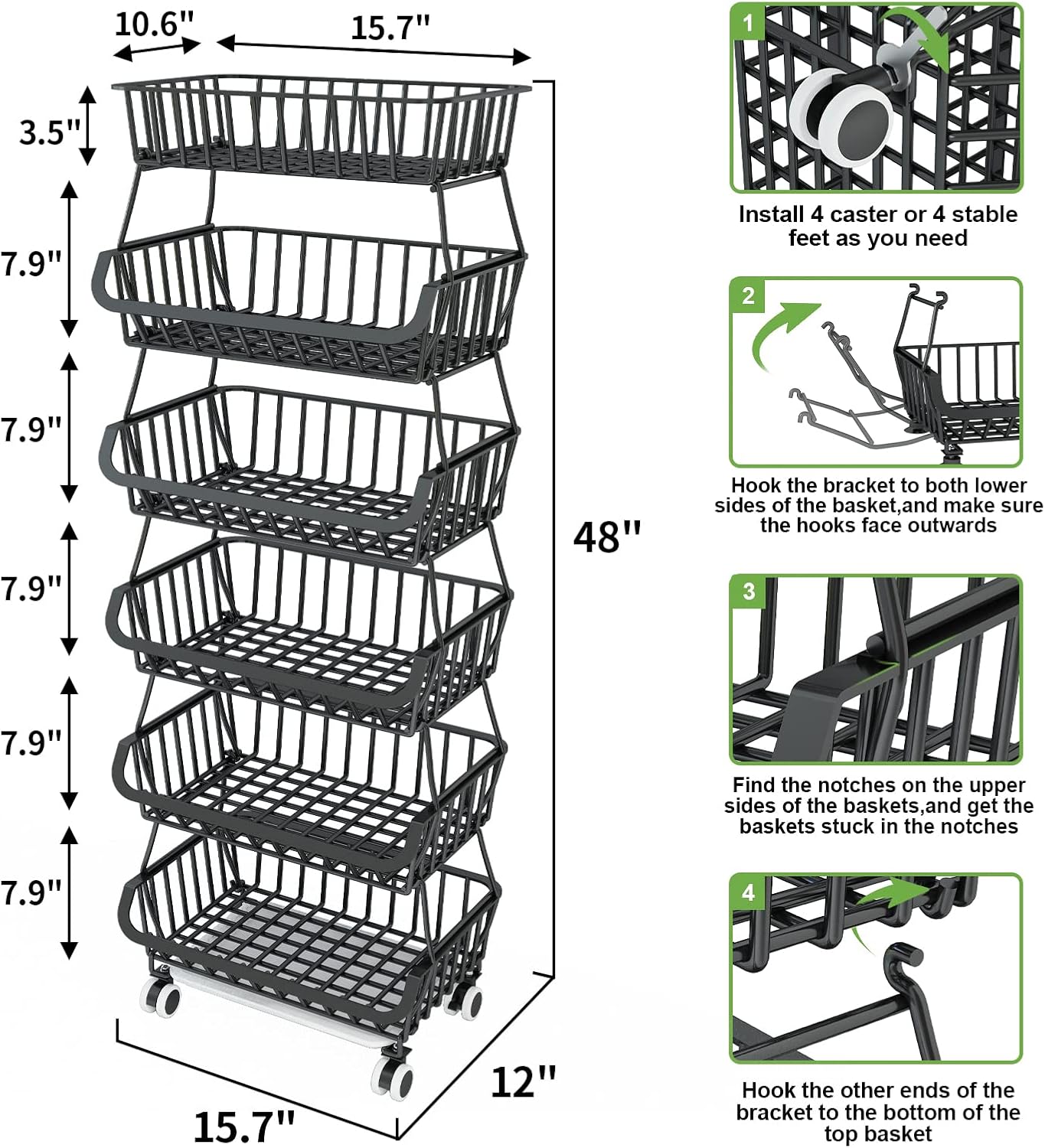 6 Tier Fruit Basket for Kitchen, Fruit and Vegetable Storage Cart Stackable Wire Baskets with Wheels Vegetable Produce Basket Potato Onion Storage Bins Rack for Kitchen Pantry