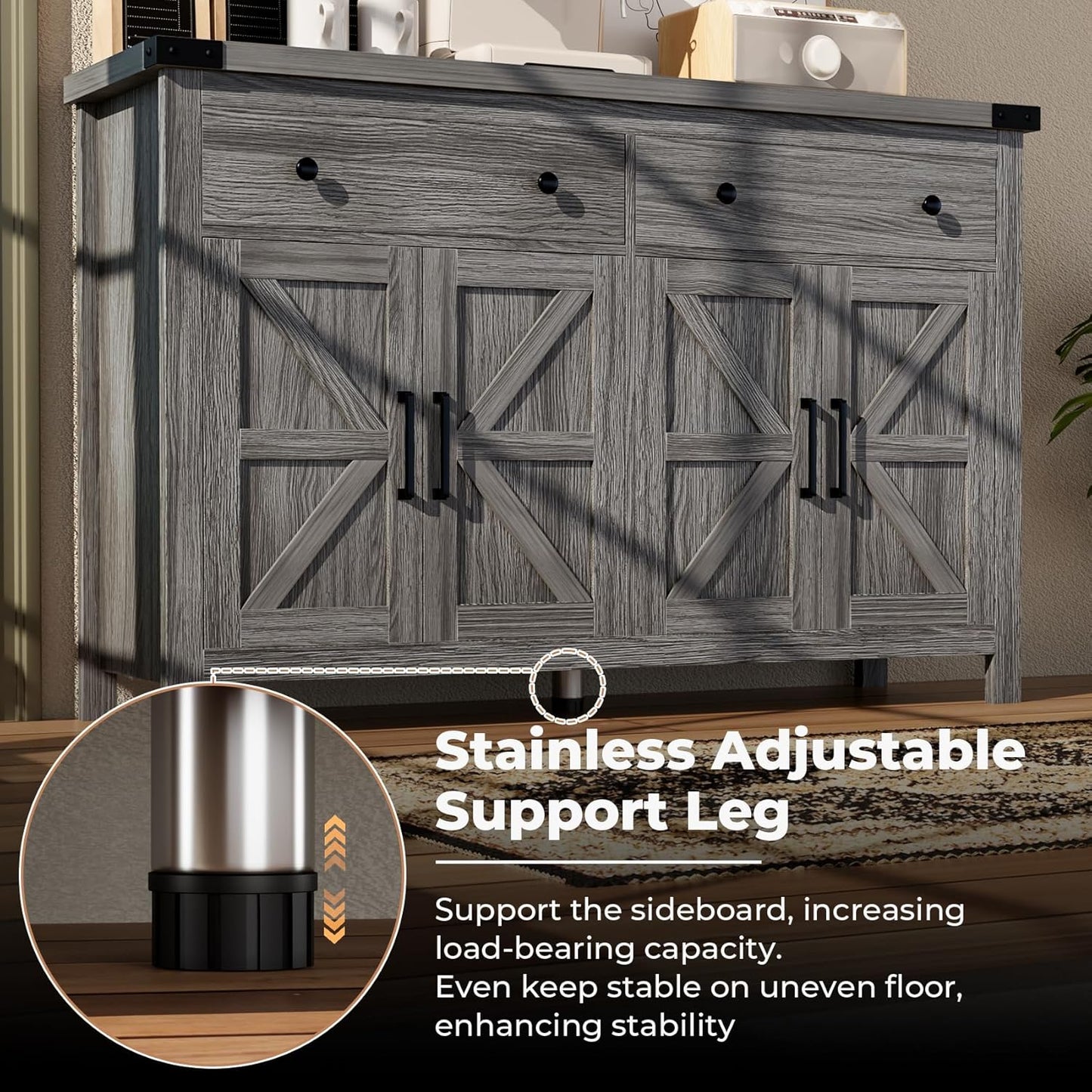 55" Sideboard Buffet Cabinet with Storage, Coffee Bar Cabinet with 2 Drawers and 4 Barn Doors, Long Storage Cabinet Modern Farmhouse, Grey Wood, for Kitchen, Dining Room, Living Room