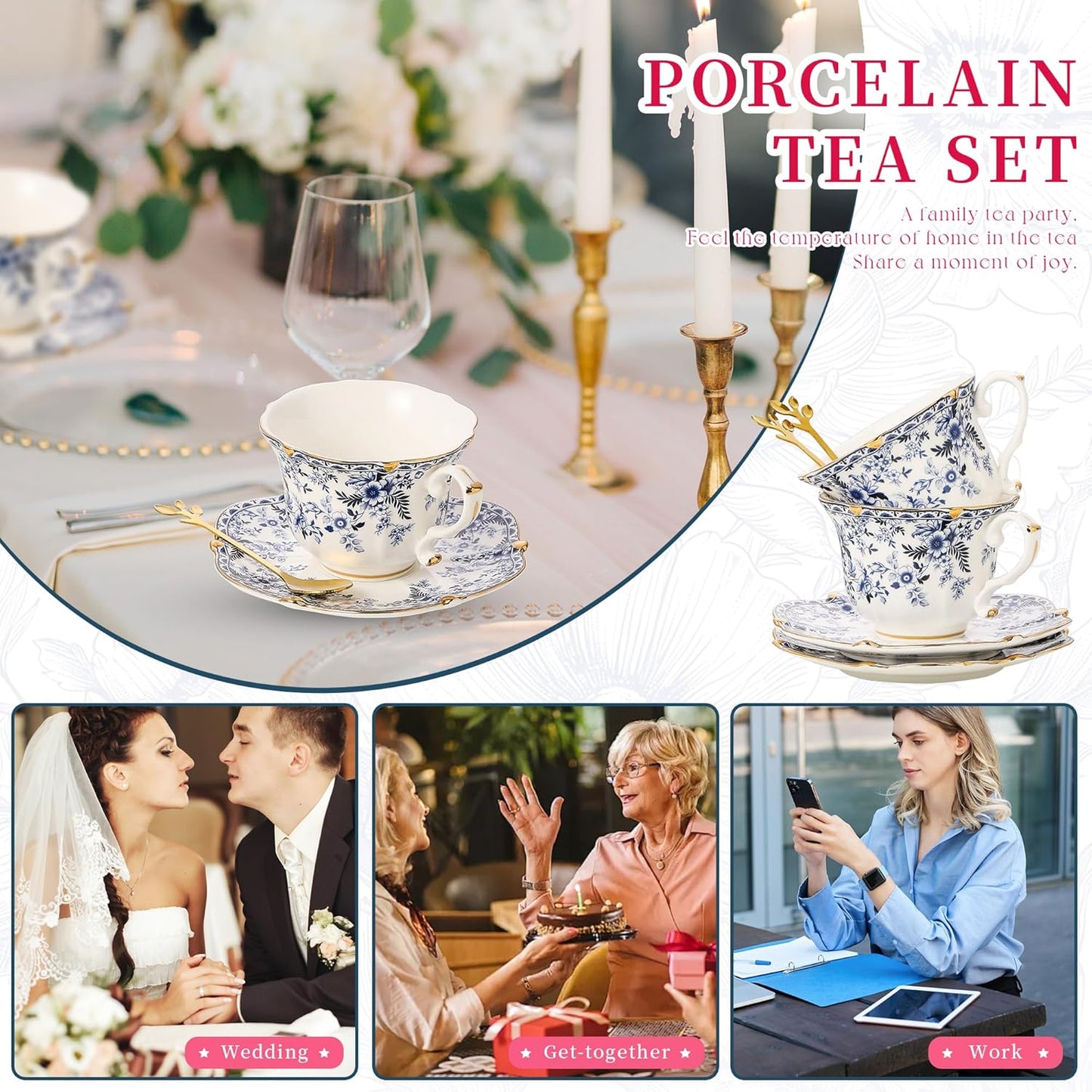 TATSUMI Country Roses Bone China Tea Cup and Saucer Set, 3 Pieces, Vintage Style, For Women and Tea Parties(QH,1 Set)