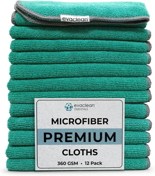 EvaClean Premium Microfiber Cleaning Cloth 16"x16" - Reusable, Washable, Non-Scratch, Microfiber Towels for Cleaning, Dusting, Polishing, High Absorbency & Durability, Green, 12-Pack