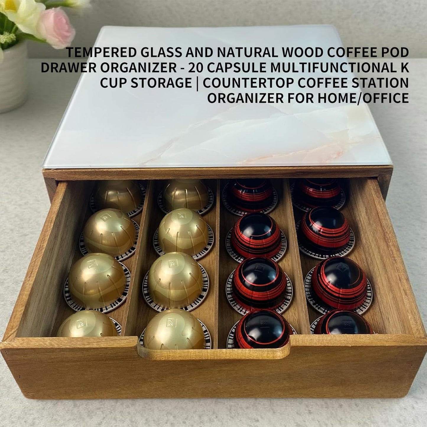 Tempered Glass and Natural Wood Coffee Pod Drawer Organizer - 20 Capsule Multifunctional K Cup Storage | Countertop Coffee Station Organizer for Home/Office (White)
