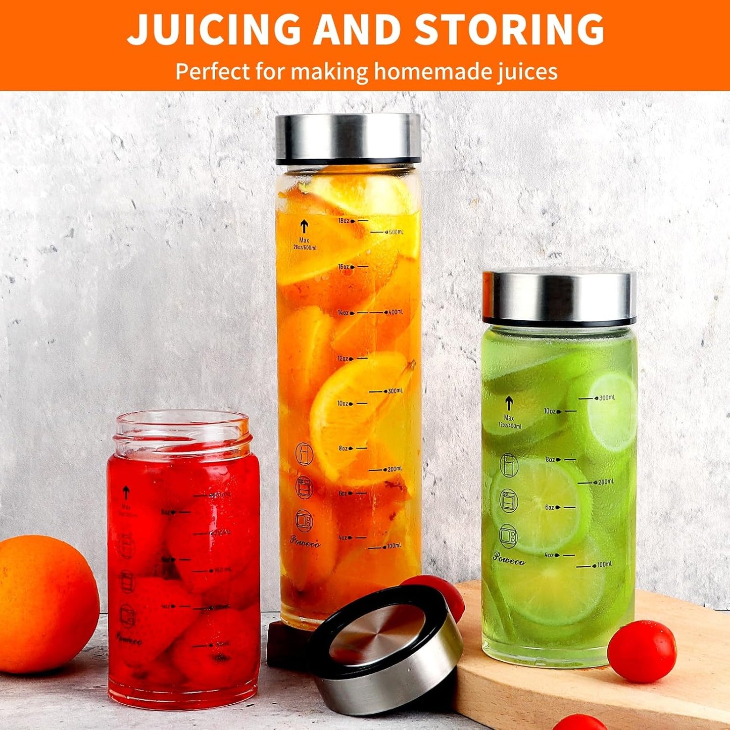 Glass Juice Bottles 6 Pack 16 oz - Wide Mouth Glass Water Bottles with Lids - for Juicing, Protein, Smoothie, Milk, Reusable, BPA Free, Stainless Steel Lids, Blender, Shaker Bottle [16oz/500ml]