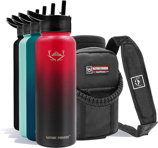 NATURE PIONEOR Insulated Water Bottles with Straw - 40oz Stainless Steel Vacuum Bottle with Holder/Carrier/Sleeve - Reusable 18/8 Food Grade 40 oz Water Jug