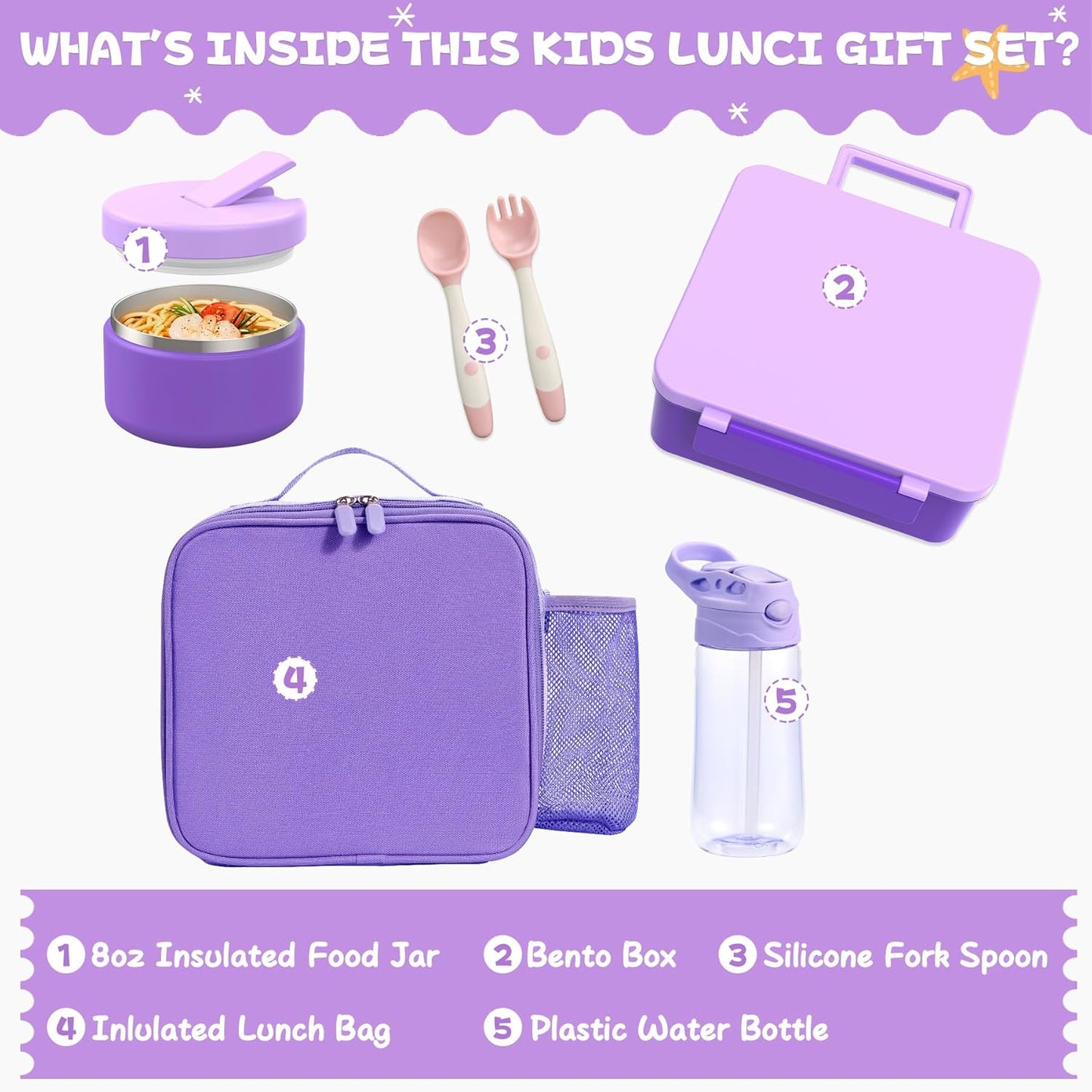 Kids Bento Lunch Box with 8oz Soup Thermo, Water Bottle, Kids Leakproof Lunch Food Containers with 4 Compartment, Insulated Hot Food Jar with Lunch Bag for School, Trvael (Purple)
