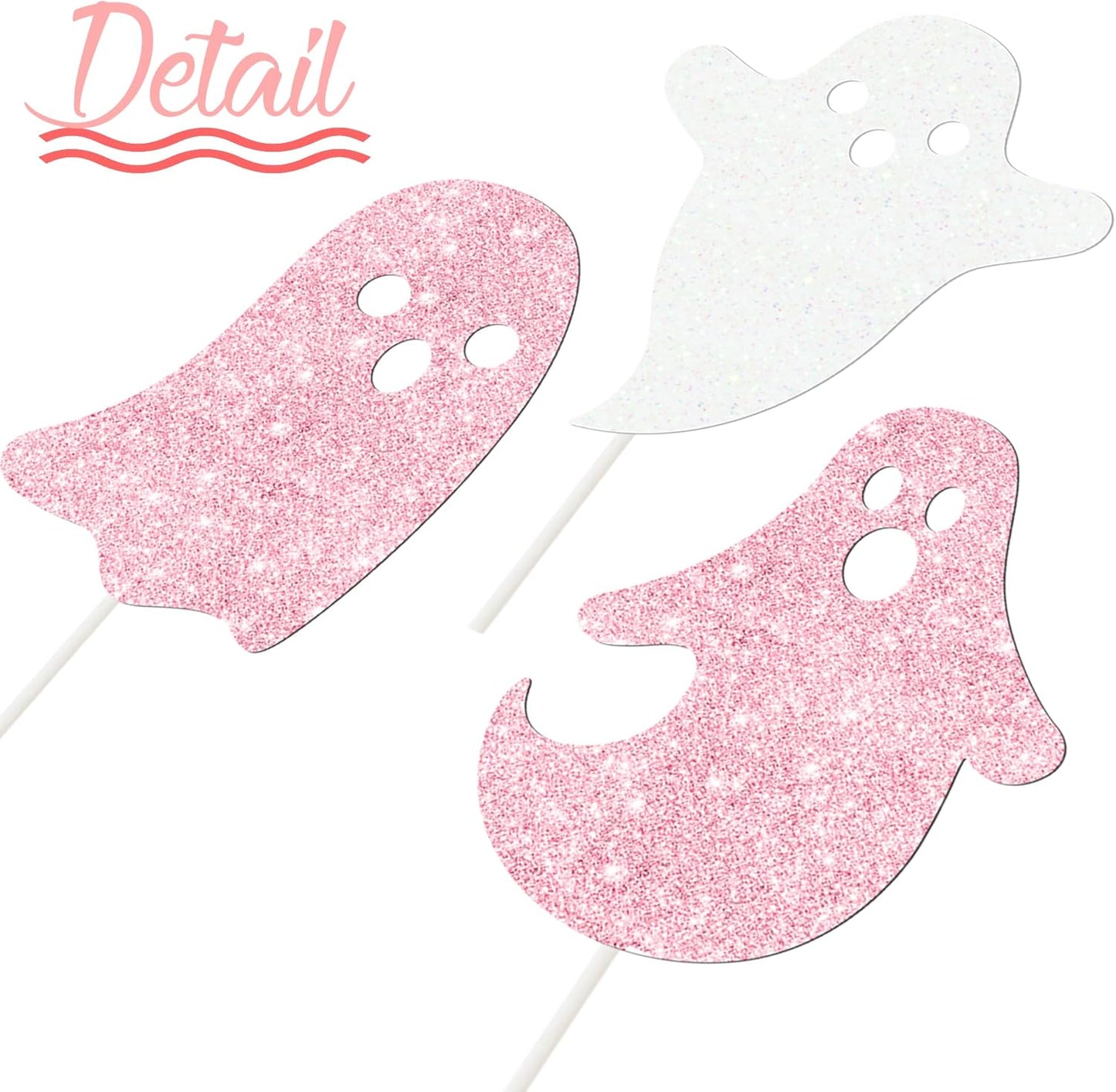 Halloween Ghost Cupcake Decoration 24Pcs Ghost Cupcake Toppers Double Sided Glitter White Pink Halloween Birthday Baby Shower Supplies for Ghost Boo Theme Party Cake Decor