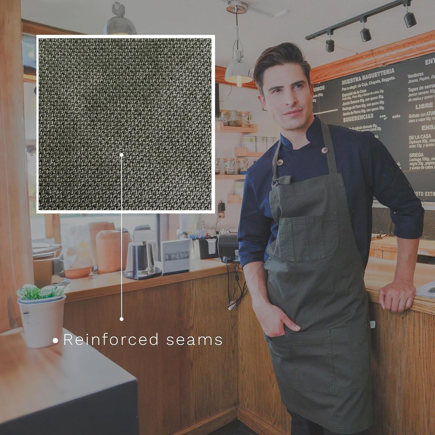 | Green Verona Gabardine Apron – Design for Men and women with neck adjuster, Anti-lint fabric with large pockets. For kitchen work, Chef.