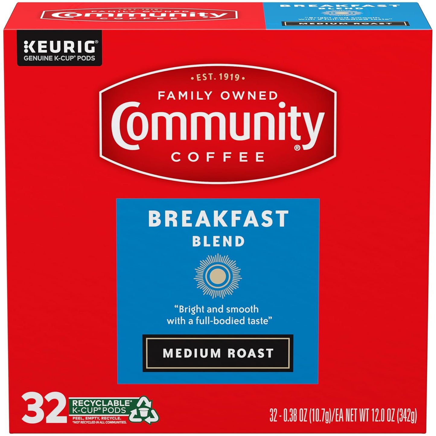 Community Coffee Breakfast Blend, Medium Roast, Single-Serve Keurig K-Cup Pods, 32 Count (Pack of 4)
