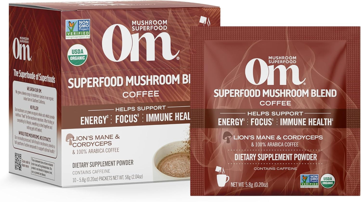 OM MUSHROOM SUPERFOOD Coffee Blend Mushroom Powder, Single Serve, 10 Count, Organic Arabica Beans, Lion's Mane, Cordyceps, Turkey Tail, Reishi Extract, Ginkgo Biloba, Supports Energy and Focus