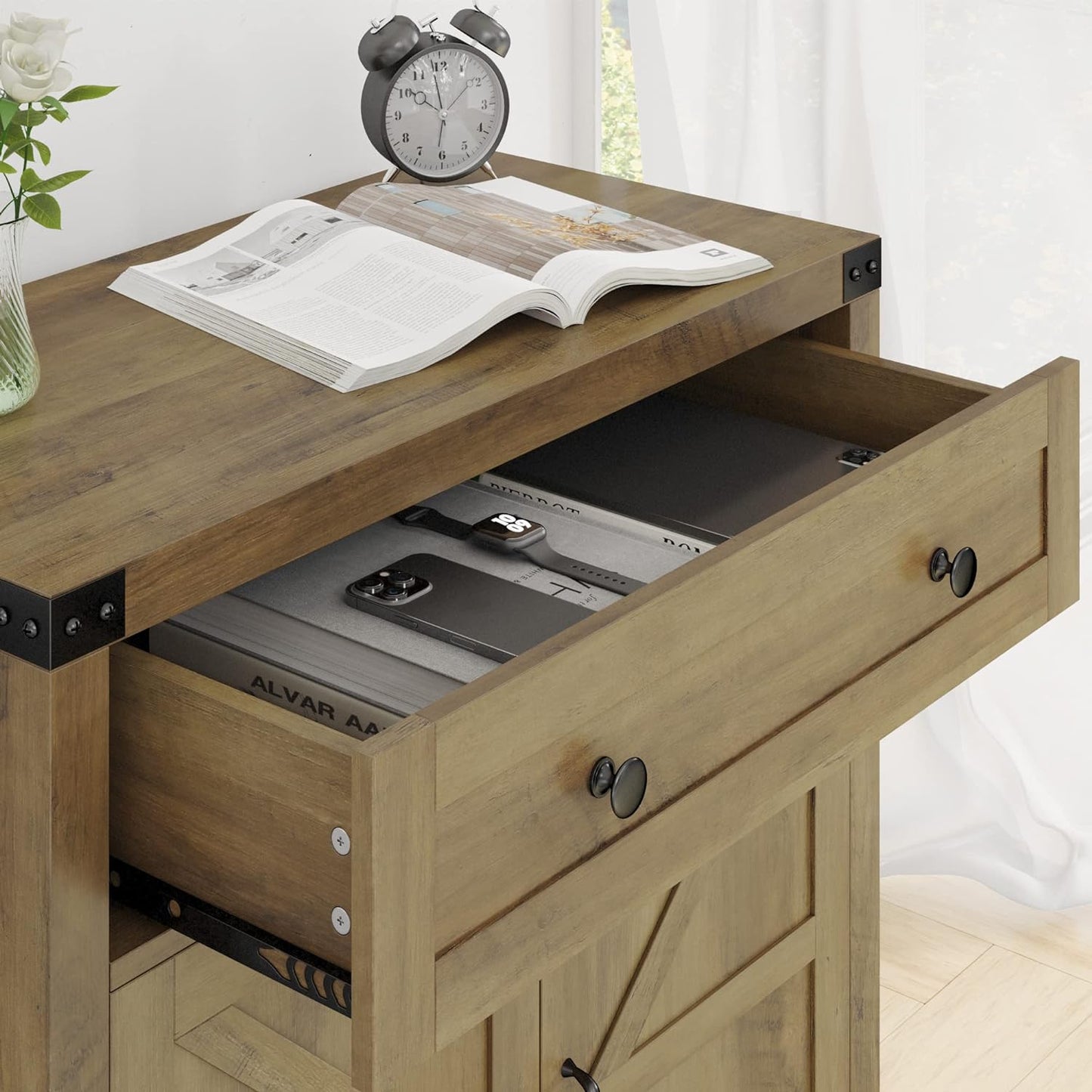 HOSTACK Coffee Bar Cabinet, Kitchen Storage Cabinet, Modern Farmhouse Buffet Sideboard with Drawer and Adjustable Shelf, Barn Door Accent Cabinets for Kitchen, Dining Room, Entryway,Rustic Brown