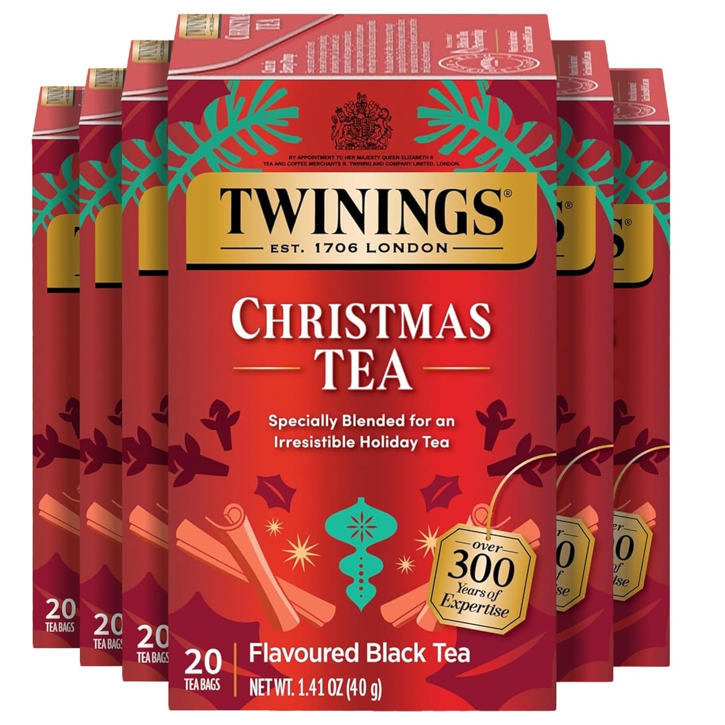 Twinings Christmas Black Tea Individually Wrapped Bags, 20 Count (Pack of 6), Aromatic Cinnamon & Clove, Caffeinated, Enjoy Hot or Iced, 120 Teabags