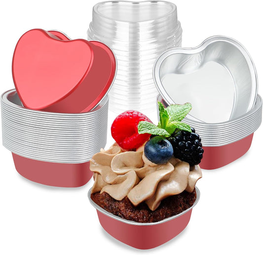 Mini Heart Shaped Cake Pans 3.5oz Aluminum Foil Heart Cake Pan with Lids, 25 pcs Disposable Small Heart Baking Pan Red for Valentine Weddings Birthday