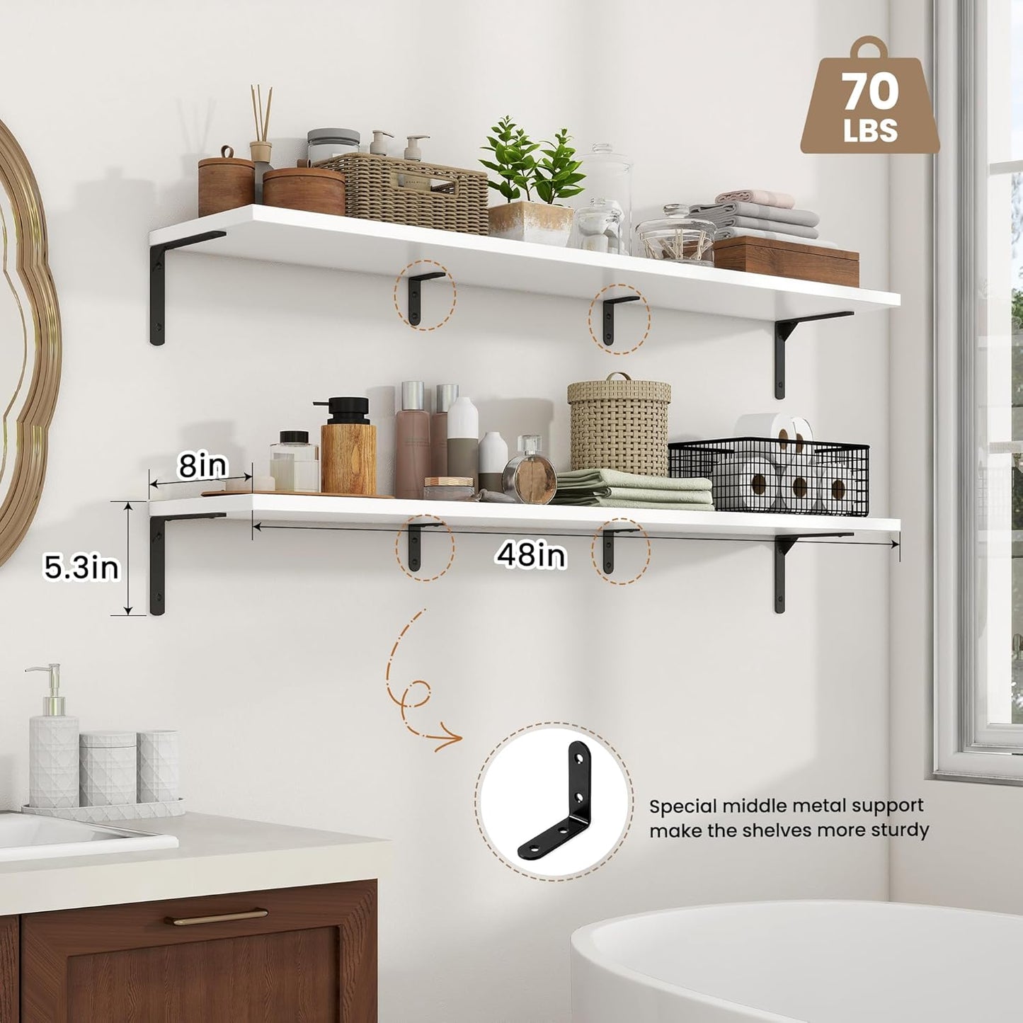 Fun Memories Deep Floating Shelves, 48W x 8D Floating Shelves Set of 2, Wall Mounted Shelf with Metal Brackets, Rustic Wood Wall Shelf for Bathroom, Kitchen and Living Room, White