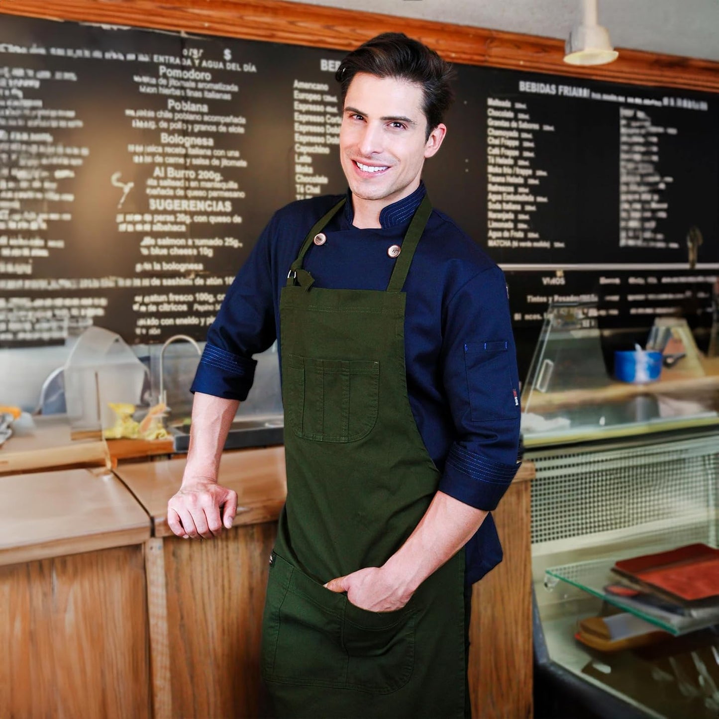 | Green Verona Gabardine Apron – Design for Men and women with neck adjuster, Anti-lint fabric with large pockets. For kitchen work, Chef.