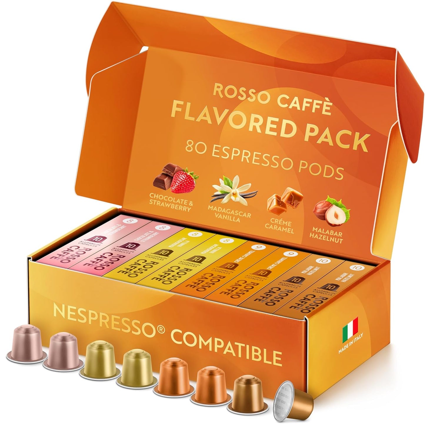 ROSSO CAFFÈ Espresso Coffee Pods for Nespresso Original Machines - 80 Capsules Flavored Pack, 4 Rich and Balanced Flavors (Chocolate, Vanilla, Crème Caramel, Hazelnut) - Made in Italy