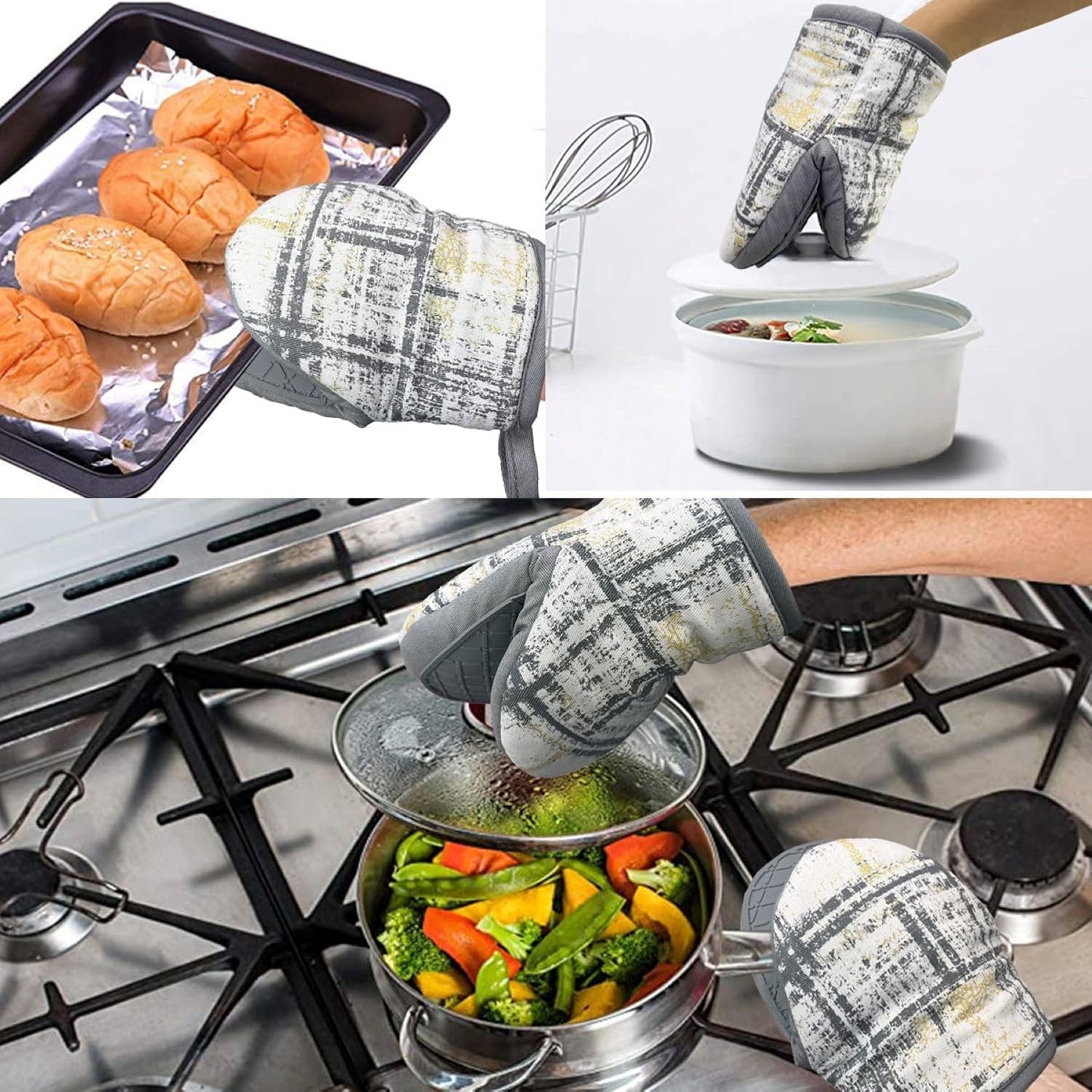 Mini Silicone Oven Mitts, Heat and Slip Resistant Kitchen Gloves 2-Pack Set, Vintage Plaid Soft Oven Mittens, Flexible Pot Holders for Cooking Baking and Grilling (Vintage Grey)